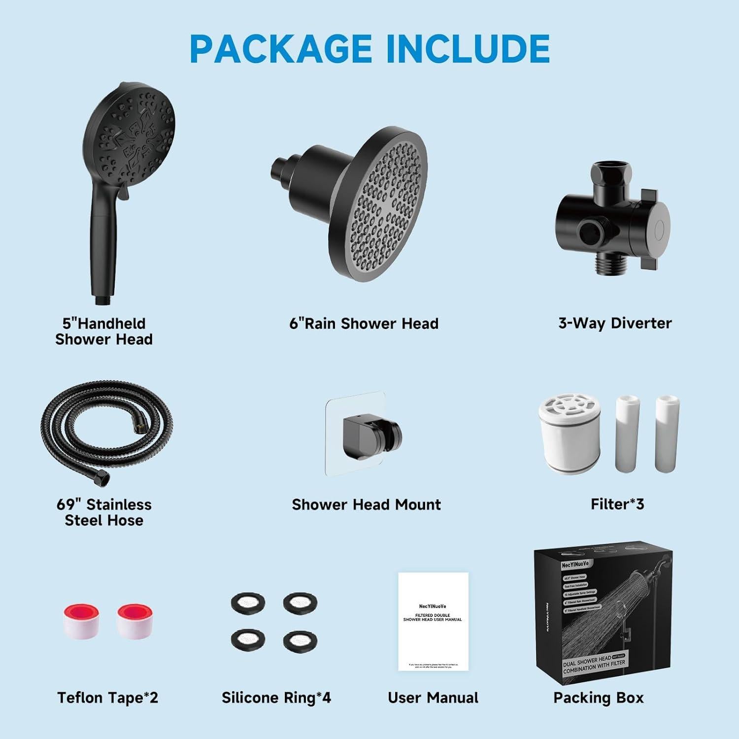 Cabezal de Ducha Filtrado NecYINuoVe Doble 6" y 5" Negro