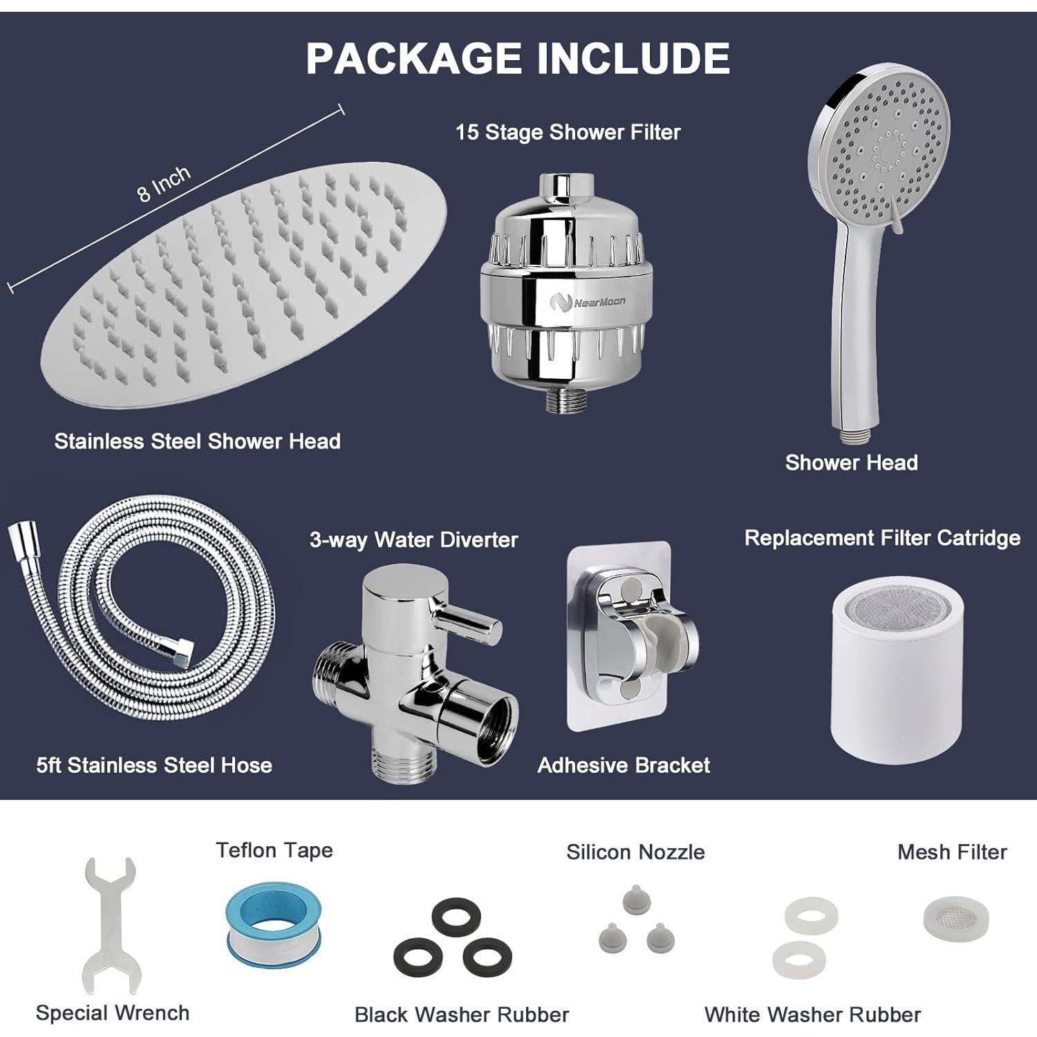Cabezal de Ducha Filtrado NearMoon 20,32 cm 5 Configuraciones