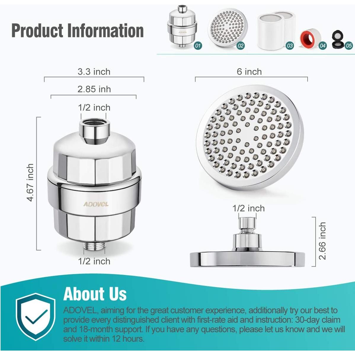 Cabezal de Ducha ADOVEL con Filtro de 15 Etapas 6"