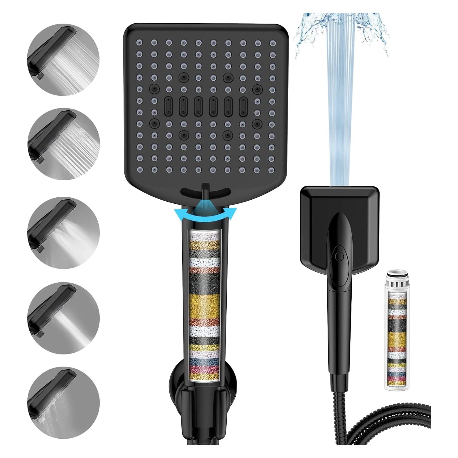 Cabezal de Ducha Filtrado Homlord Negro Mate 6 Modos 120 Boquillas