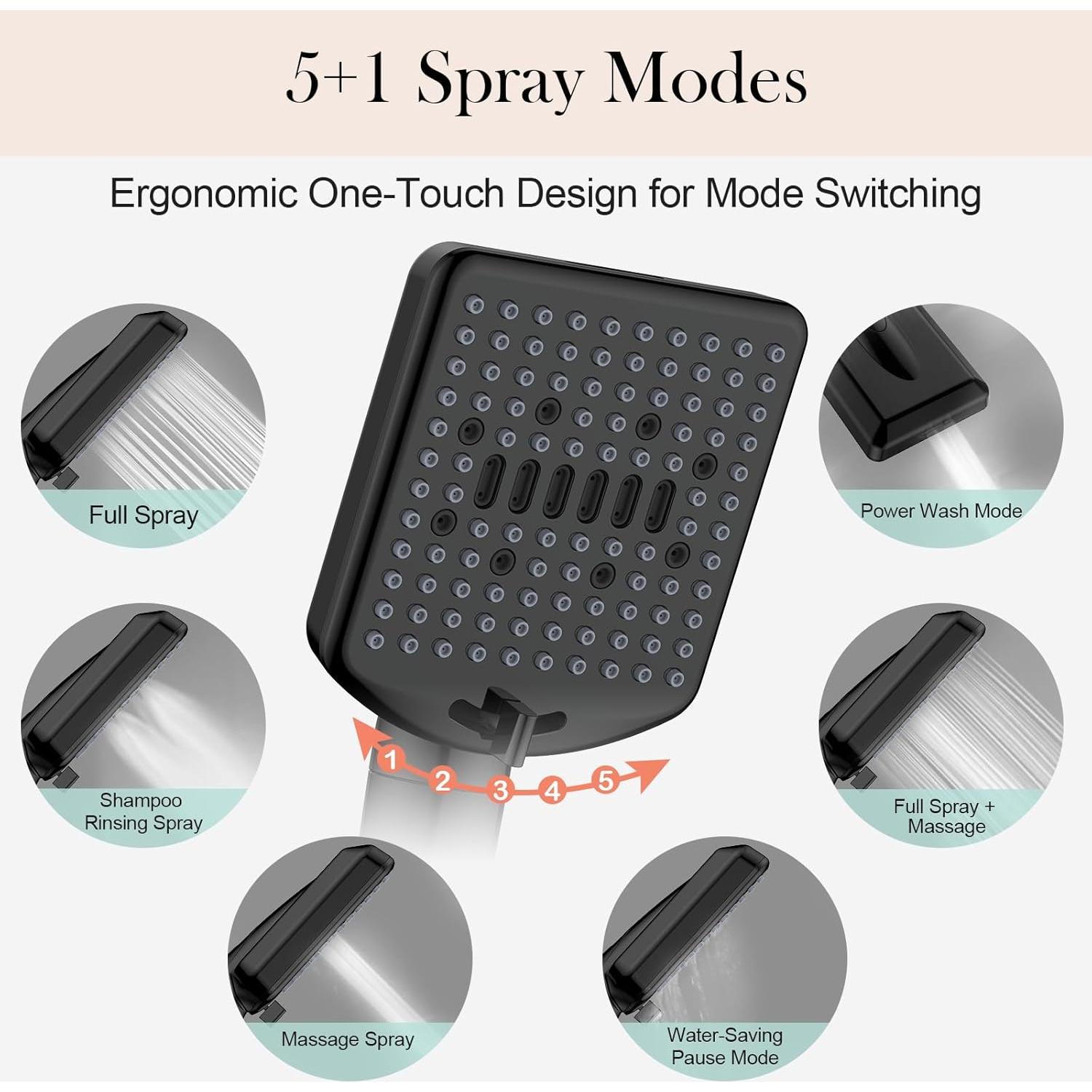 Cabezal de Ducha Filtrado Homlord Negro Mate 6 Modos 120 Boquillas