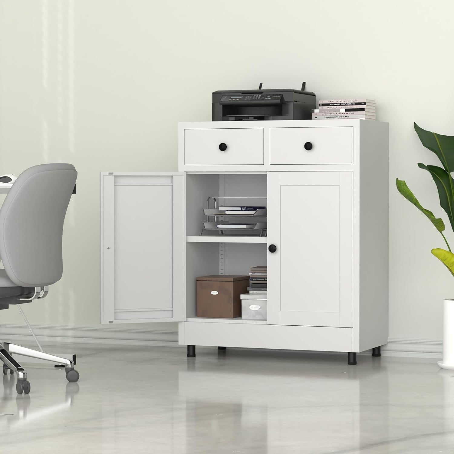 Armario de Almacenamiento JINKUR Blanco 2 Cajones Estante Ajustable