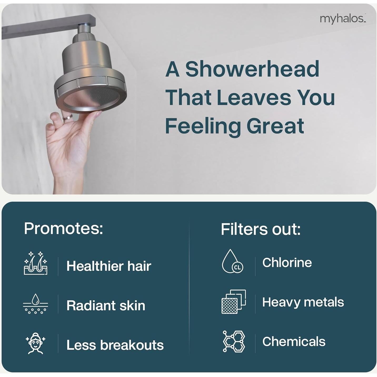 Filtro de Ducha MyHalos para Agua Dura - Cromo, Alta Presión