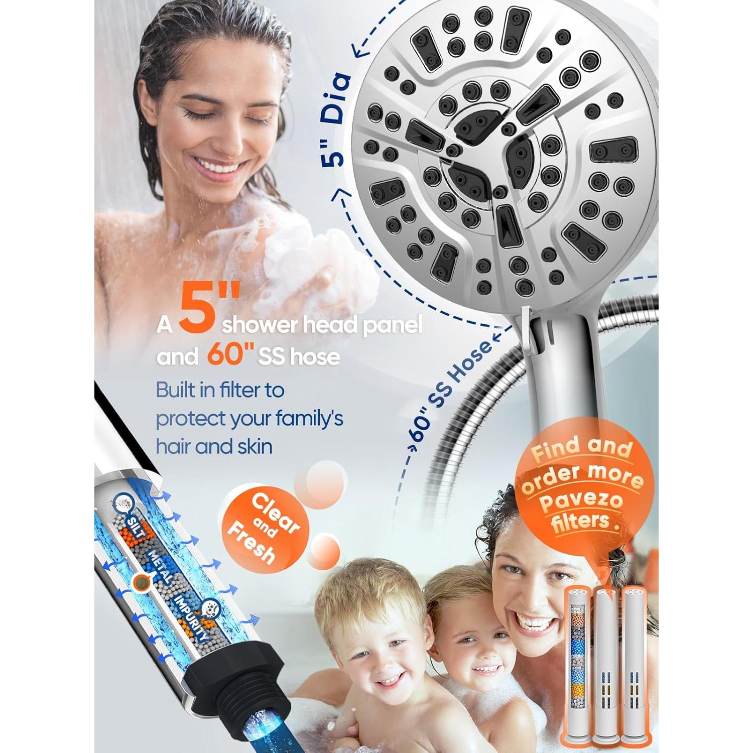Cabezal de Ducha Pavezo 5" Alta Presión con Filtro y Manguera 152 cm