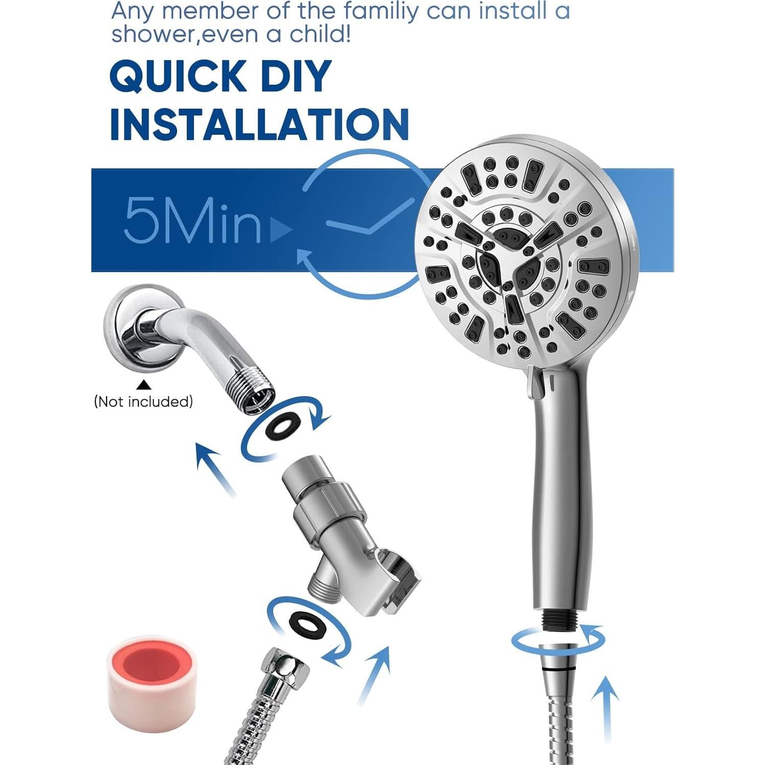 Cabezal de Ducha Pavezo 5" Alta Presión con Filtro y Manguera 152 cm