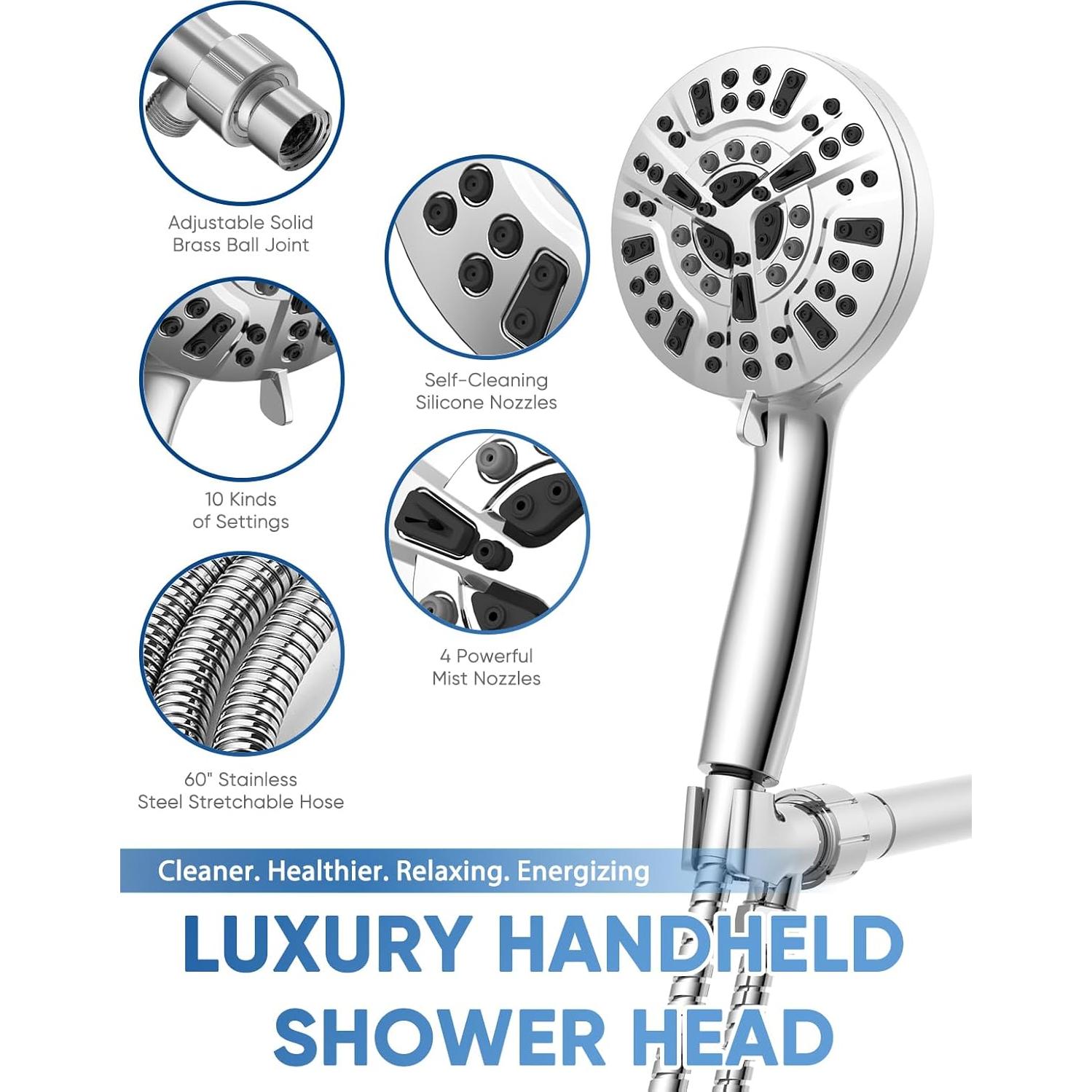 Cabezal de Ducha Pavezo 5" Alta Presión con Filtro y Manguera 152 cm