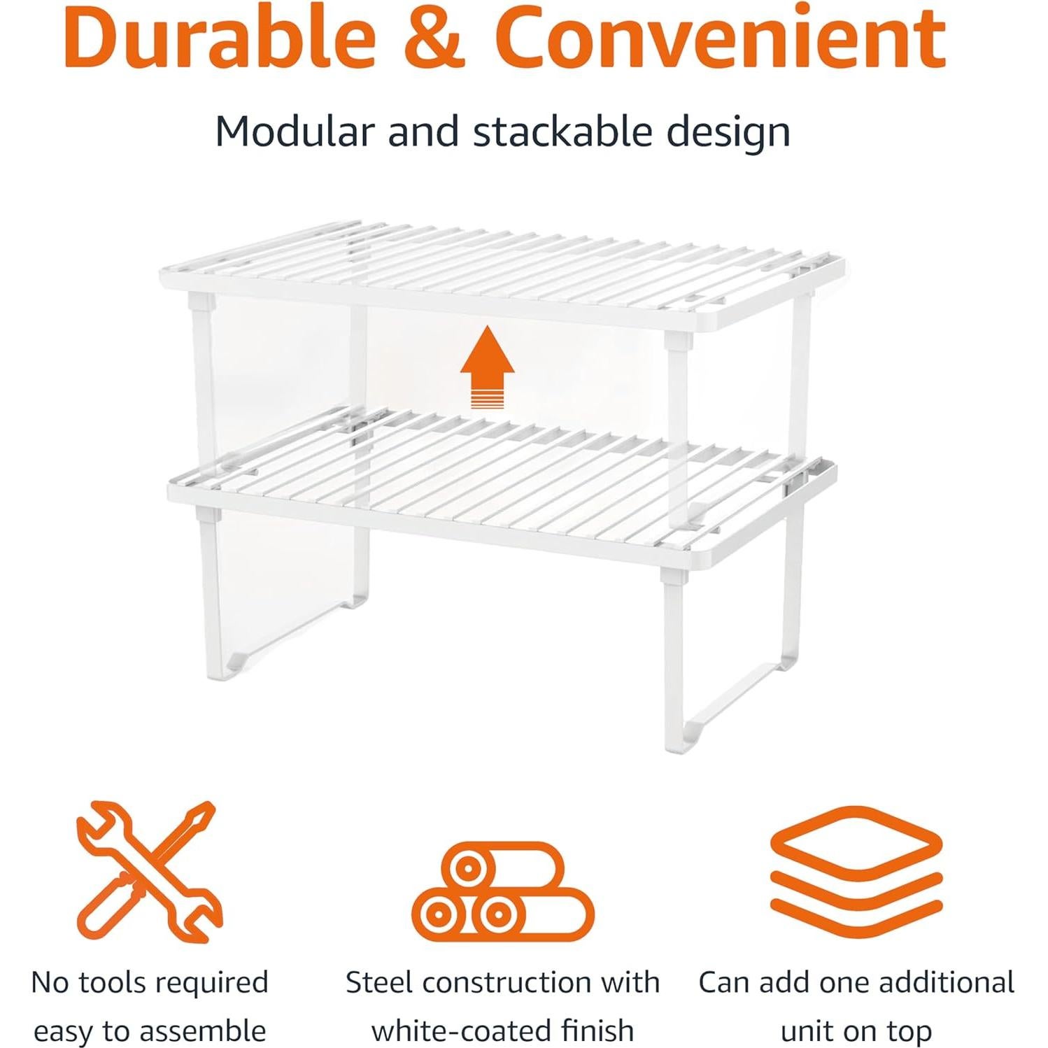 Estantes Apilables de Metal Amazon Basics para Cocina - Blanco, Juego de 2