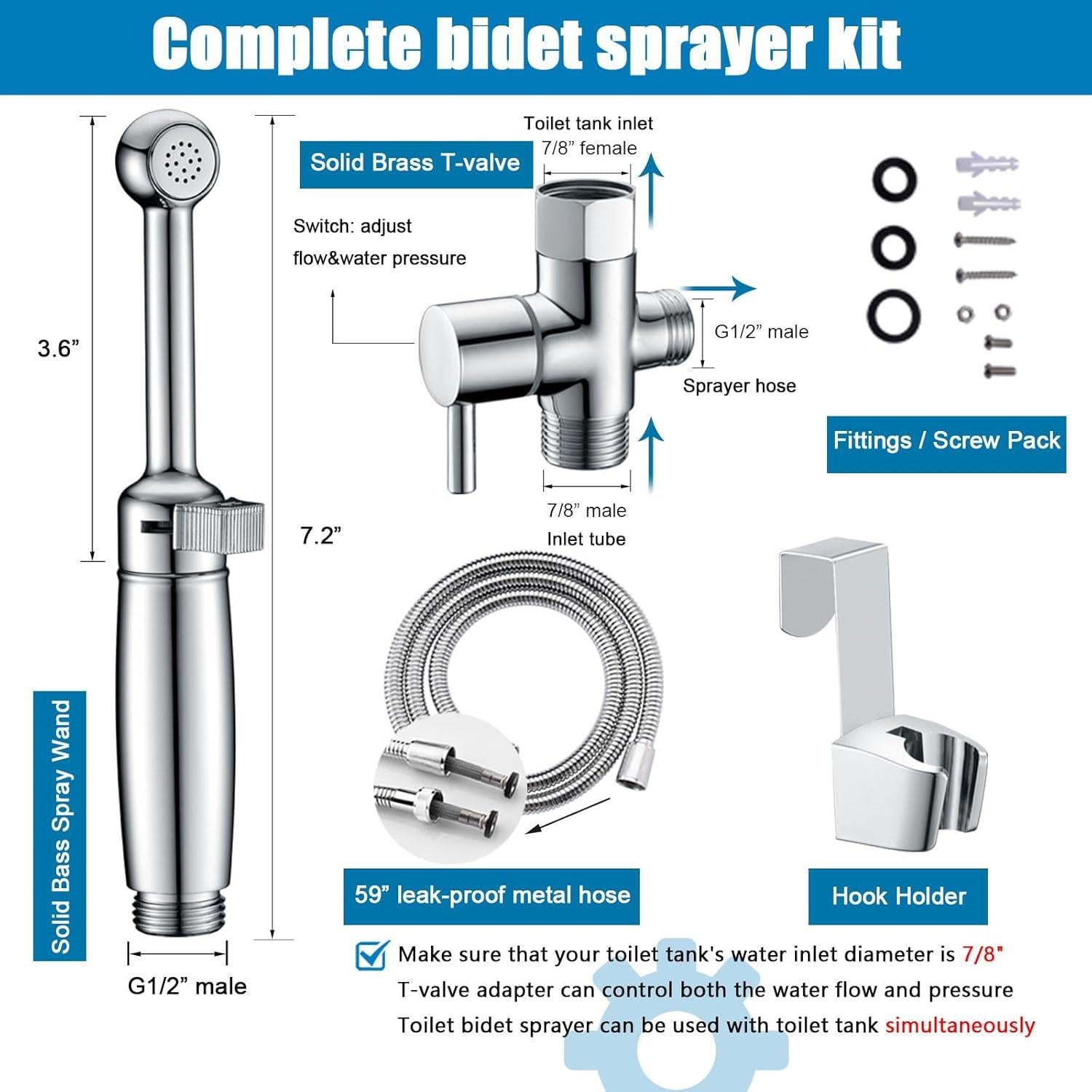 SonTiy Pulverizador de Bidet de Mano Cromo Ajustable 18,29 cm