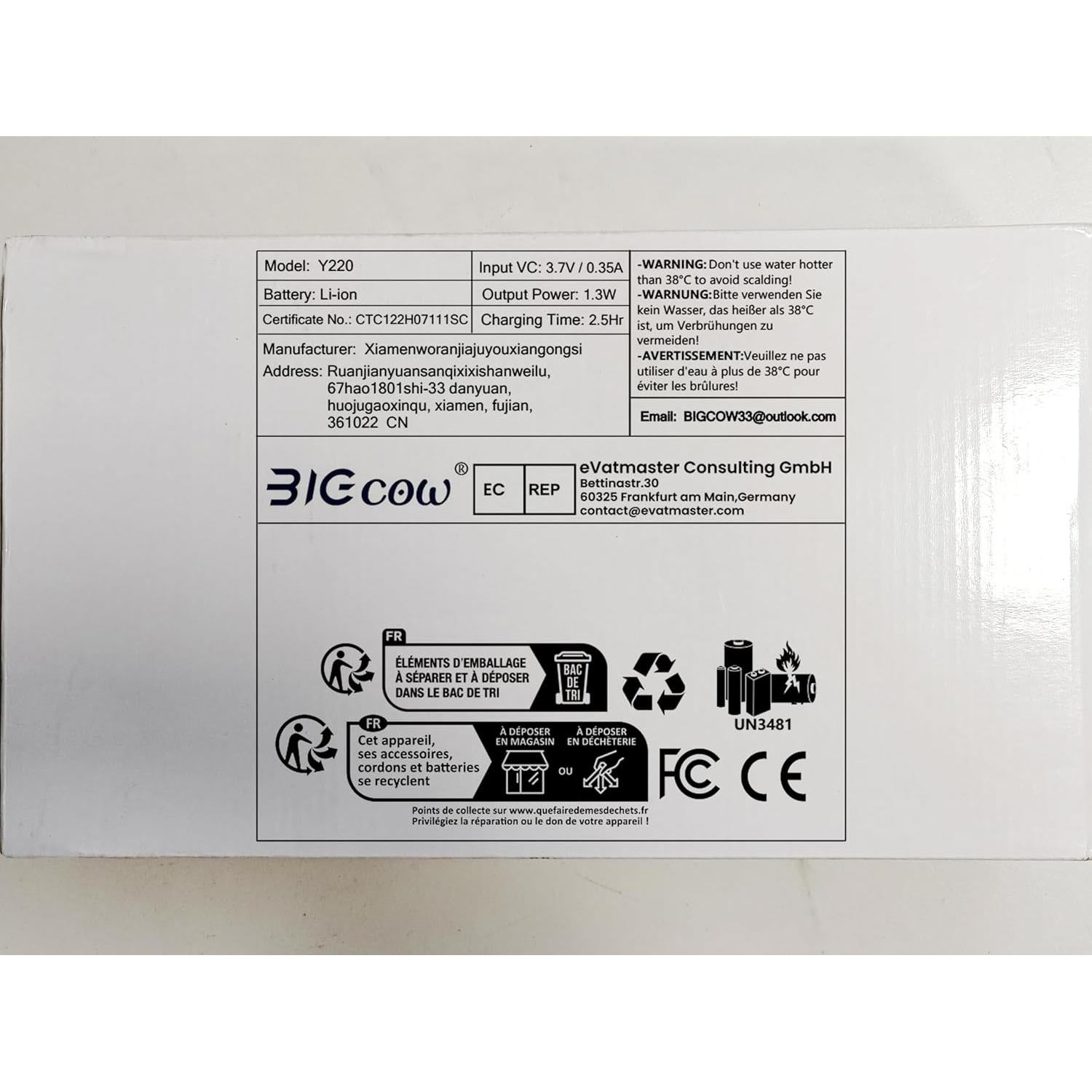 Bidet Portátil Eléctrico BIGCOW Y220 3 Modos Higiene Personal