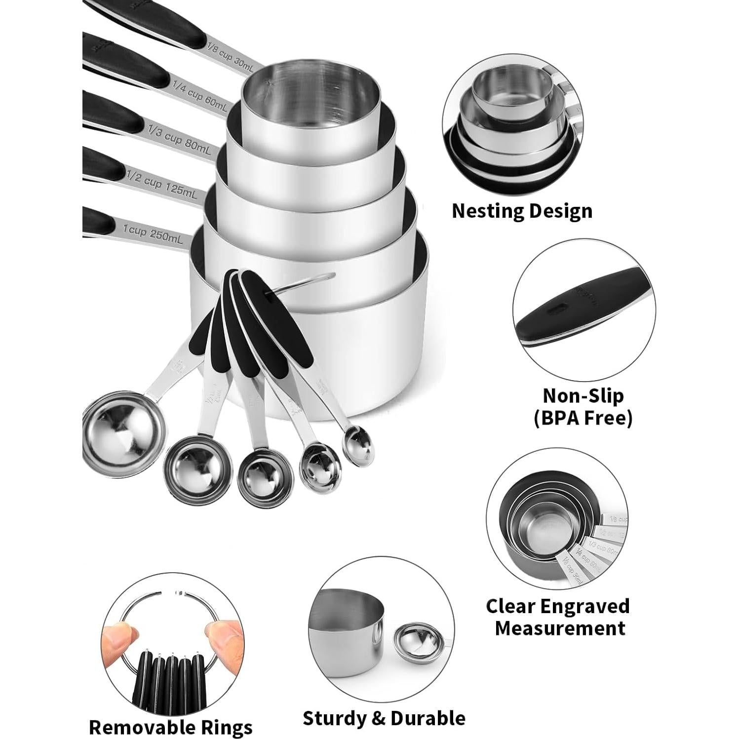 Juego de Tazas y Cucharas Medidoras Joyhill 10 Piezas Acero Inoxidable