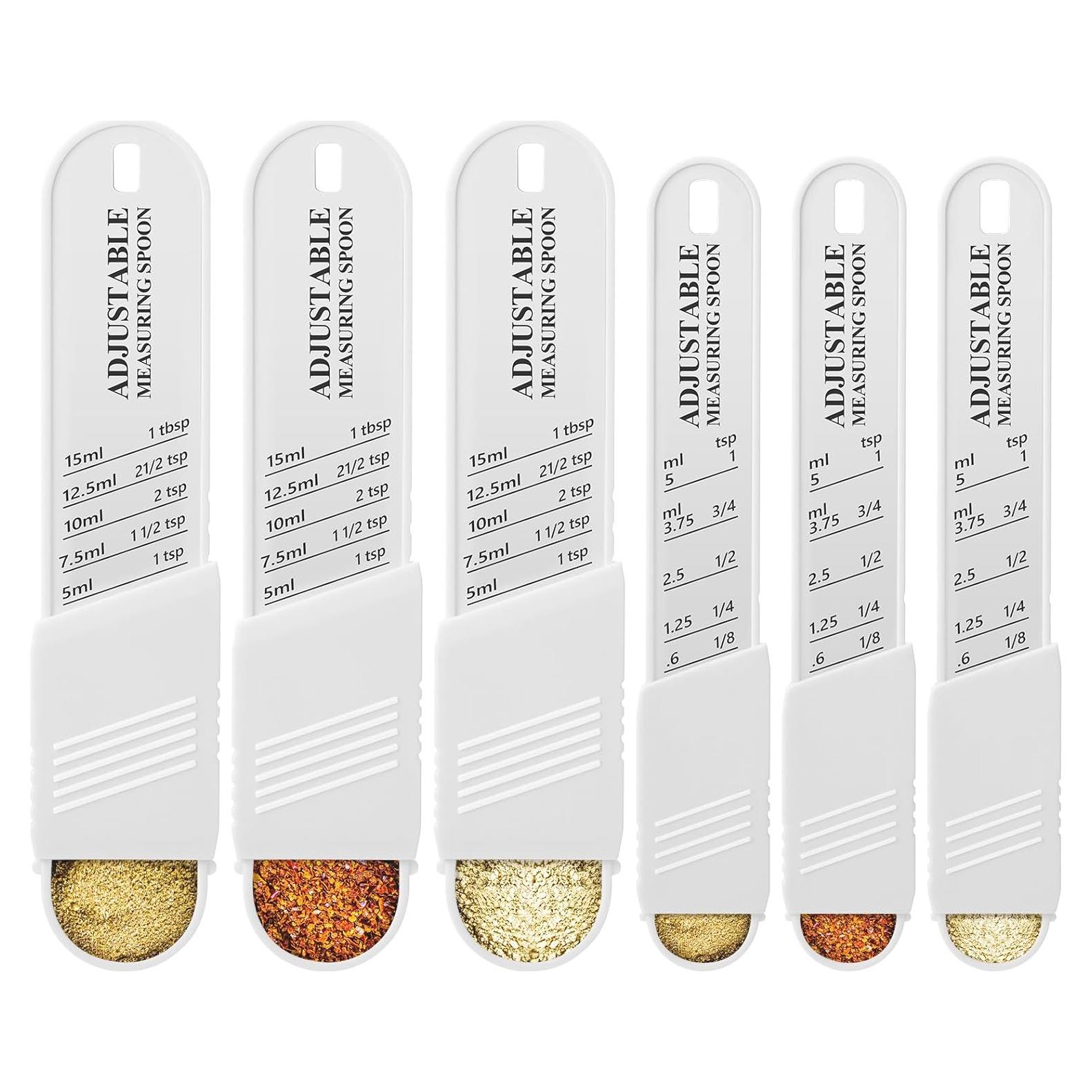 Juego de 6 cucharas medidoras ajustables de plástico blanco