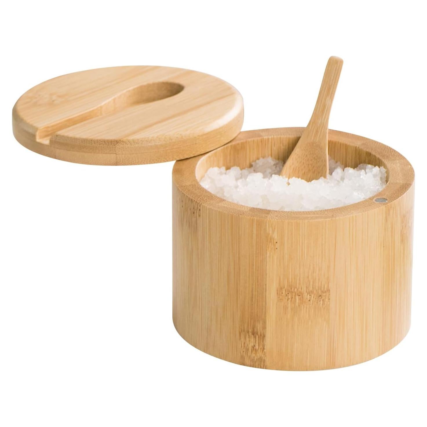 Bamboo Salt and Pepper Bowls with Spoon, Stacked Salt/Pepper Container with Magnetic Swivel Lids and Spoons, Modern Farmhouse Kitchen Decoror for Storing Salt, Herbs, Spices (1 Compartment)