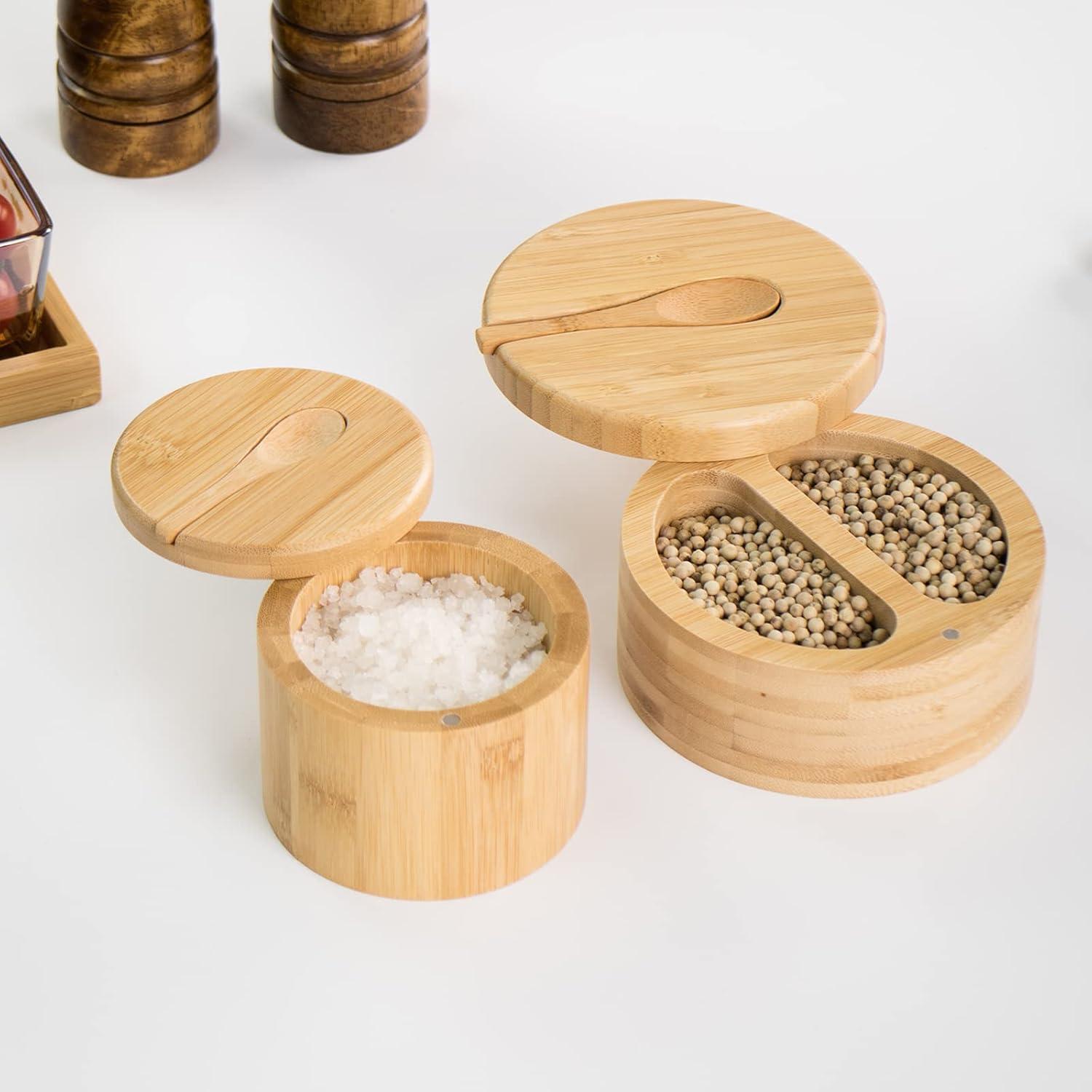 Bamboo Salt and Pepper Bowls with Spoon, Stacked Salt/Pepper Container with Magnetic Swivel Lids and Spoons, Modern Farmhouse Kitchen Decoror for Storing Salt, Herbs, Spices (1 Compartment)