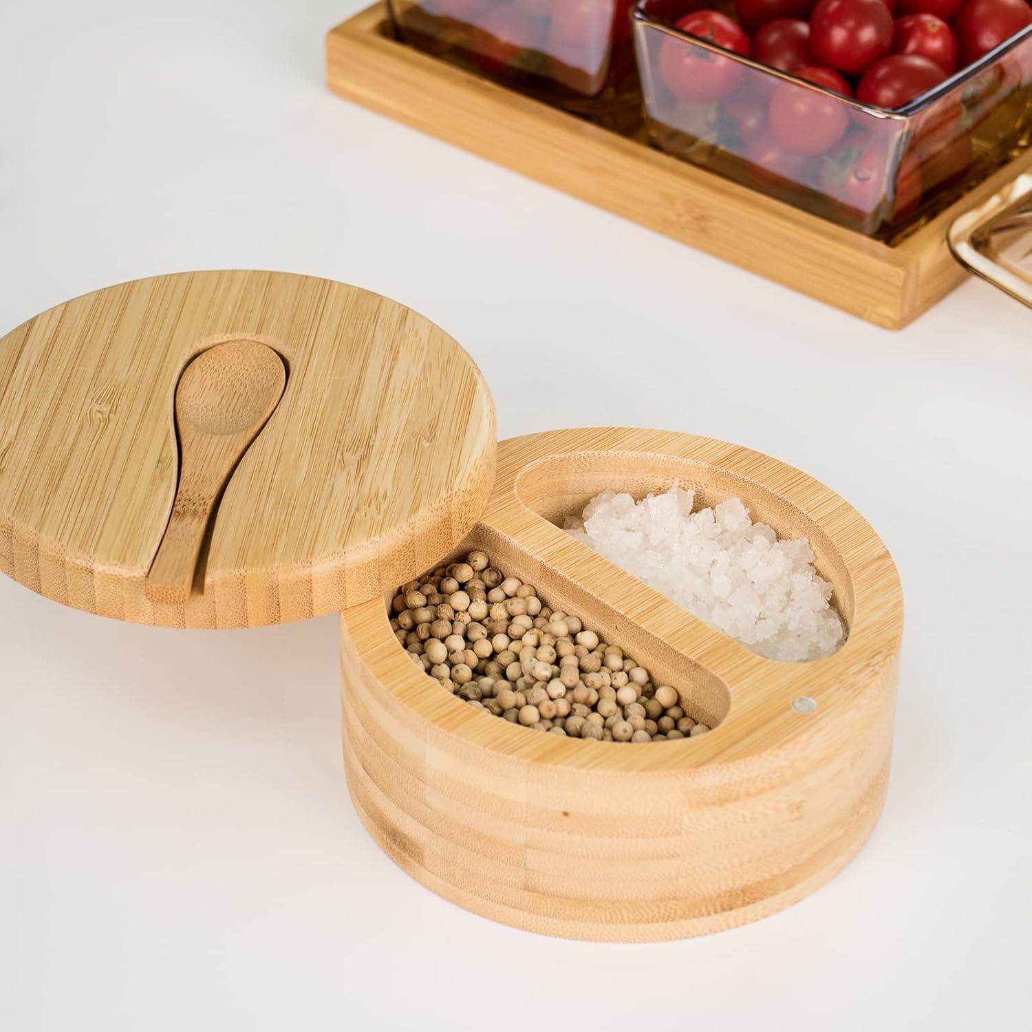 Bamboo Salt and Pepper Bowls with Spoon, Stacked Salt/Pepper Container with Magnetic Swivel Lids and Spoons, Modern Farmhouse Kitchen Decoror for Storing Salt, Herbs, Spices (1 Compartment)
