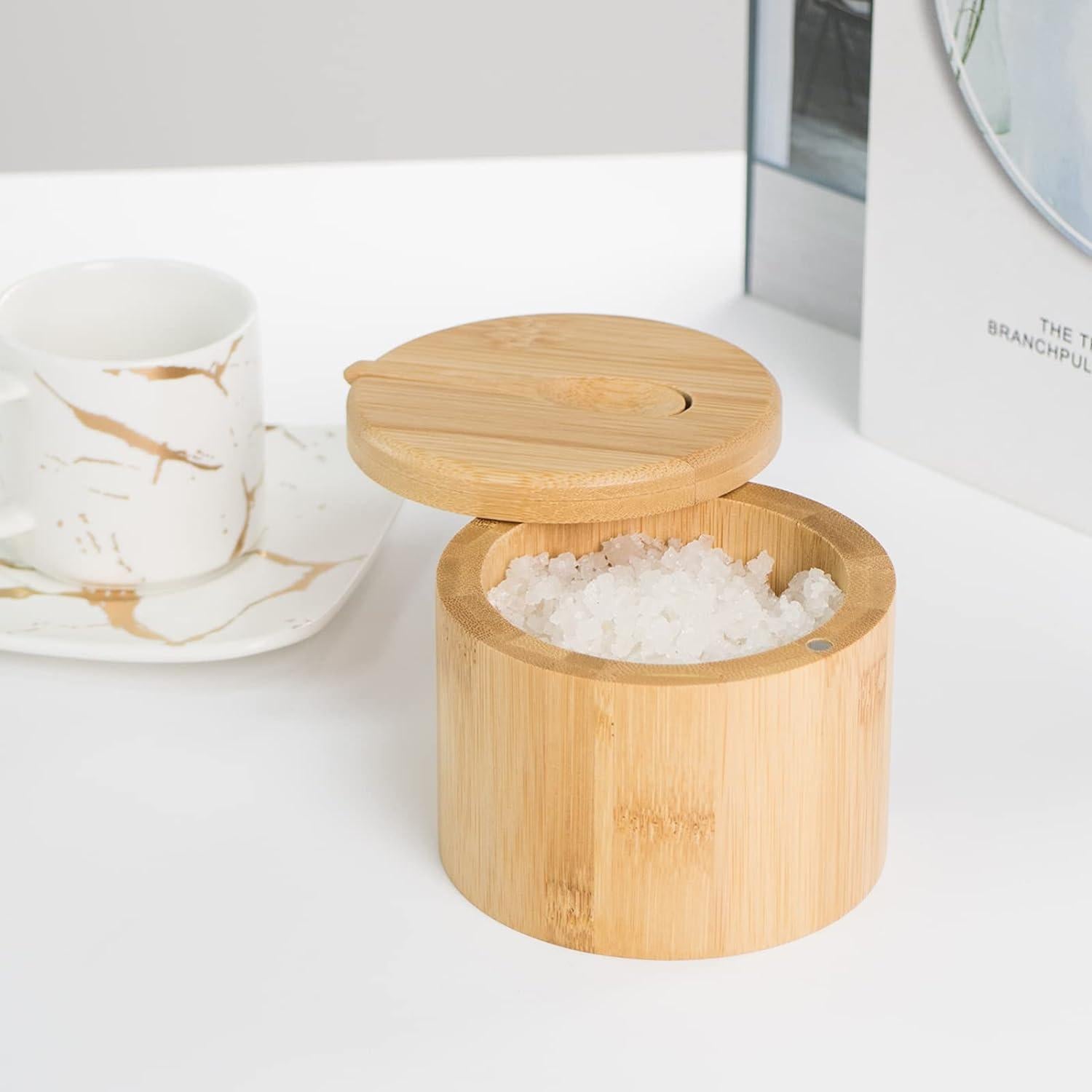 Bamboo Salt and Pepper Bowls with Spoon, Stacked Salt/Pepper Container with Magnetic Swivel Lids and Spoons, Modern Farmhouse Kitchen Decoror for Storing Salt, Herbs, Spices (1 Compartment)