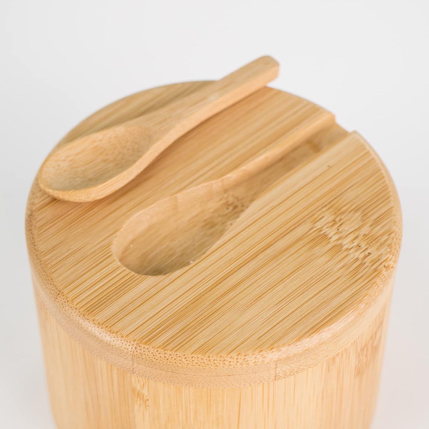 Bamboo Salt and Pepper Bowls with Spoon, Stacked Salt/Pepper Container with Magnetic Swivel Lids and Spoons, Modern Farmhouse Kitchen Decoror for Storing Salt, Herbs, Spices (1 Compartment)