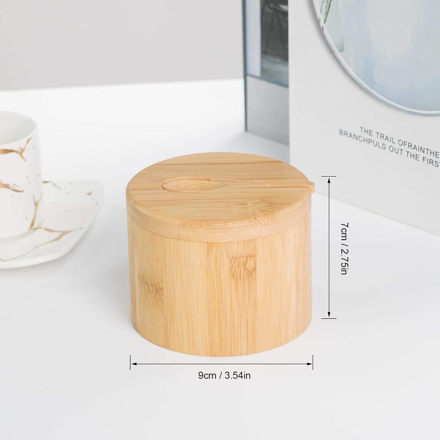 Bamboo Salt and Pepper Bowls with Spoon, Stacked Salt/Pepper Container with Magnetic Swivel Lids and Spoons, Modern Farmhouse Kitchen Decoror for Storing Salt, Herbs, Spices (1 Compartment)