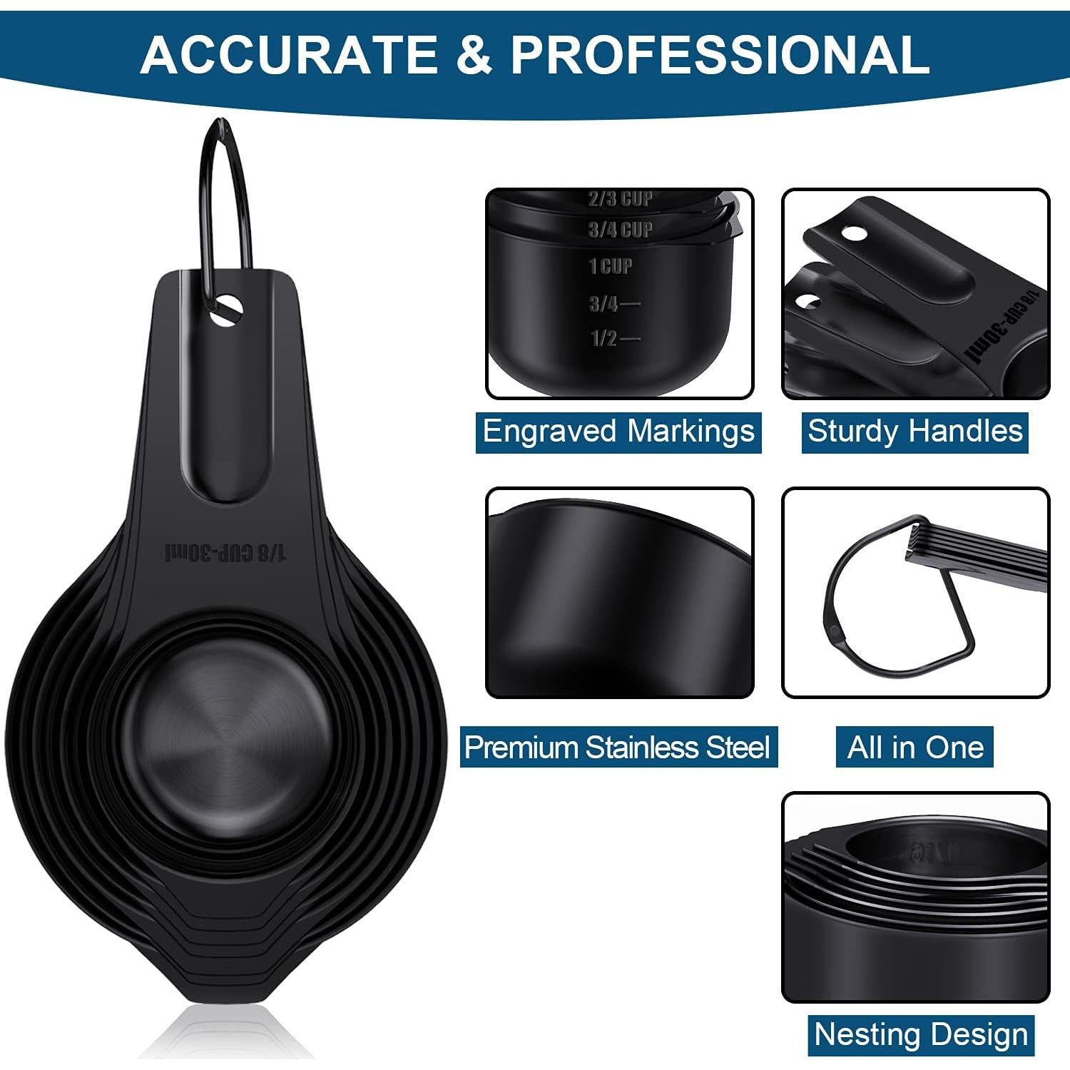 Wildone Juego de 21 Tazas y Cucharas Medidoras Negras