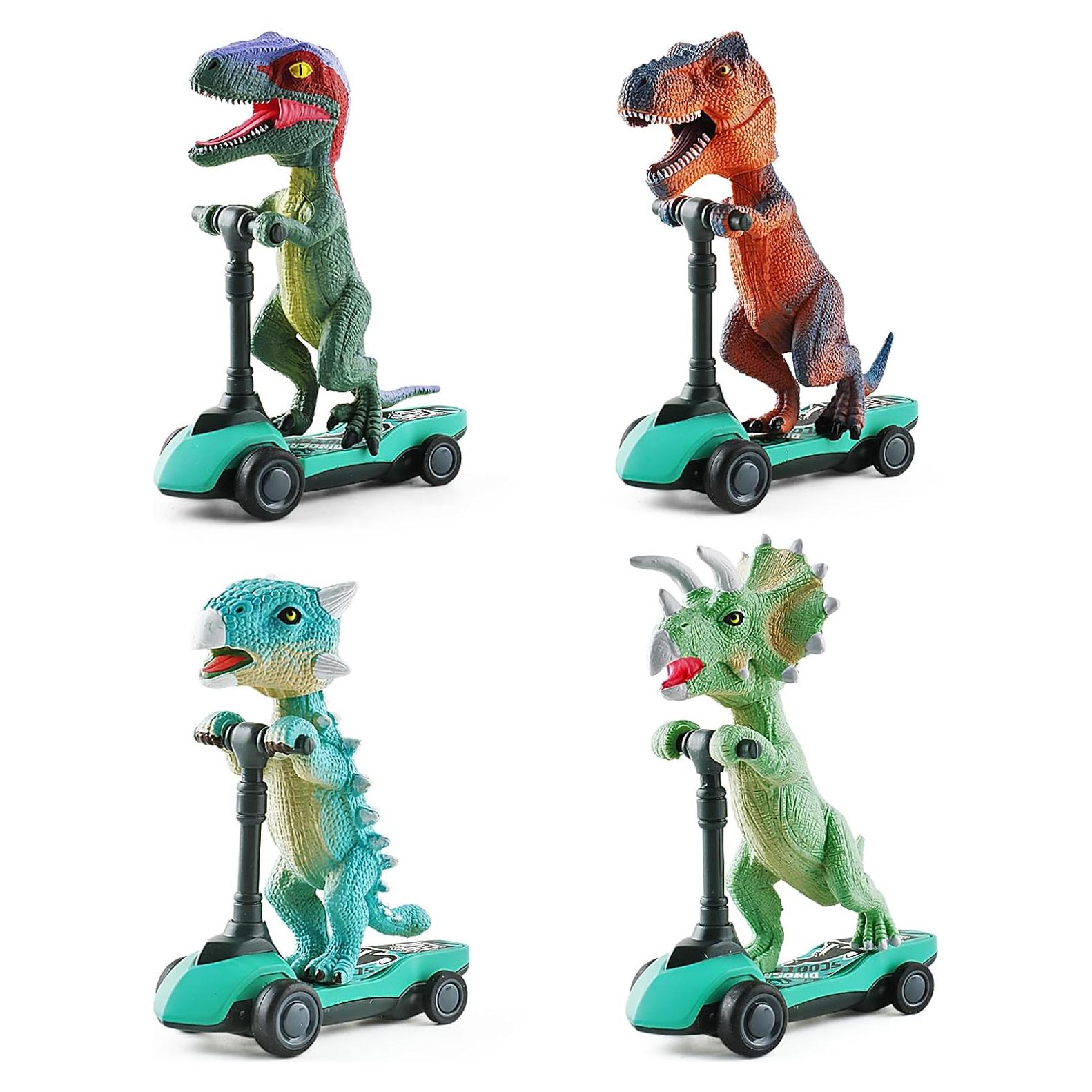 DINOBROS Dinosaur Scooter Toys Pull Back Cars Mini Finger Kick Scooters Boy Toy Age 3 4 5 6, Dino Gift Sets for Kids 4-Pack