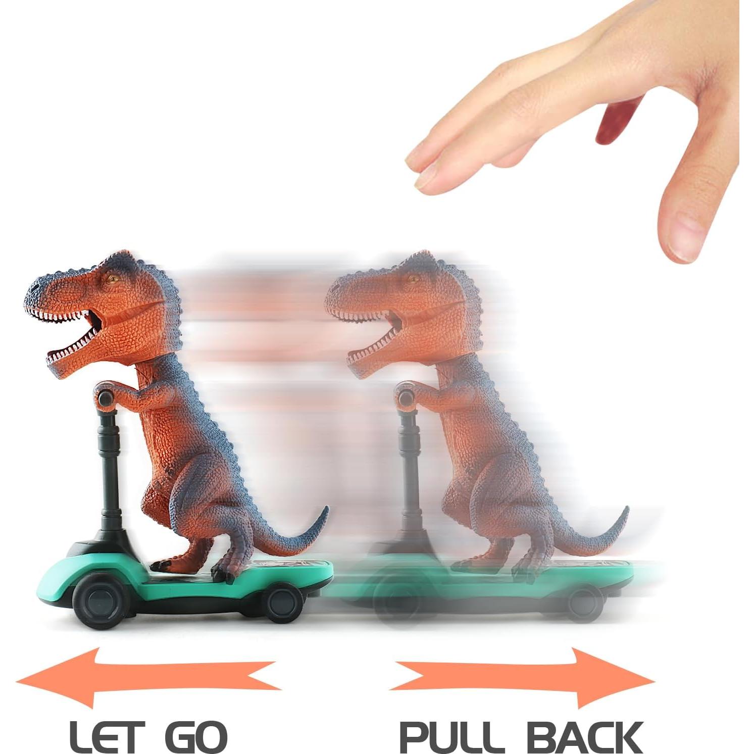 DINOBROS Dinosaur Scooter Toys Pull Back Cars Mini Finger Kick Scooters Boy Toy Age 3 4 5 6, Dino Gift Sets for Kids 4-Pack