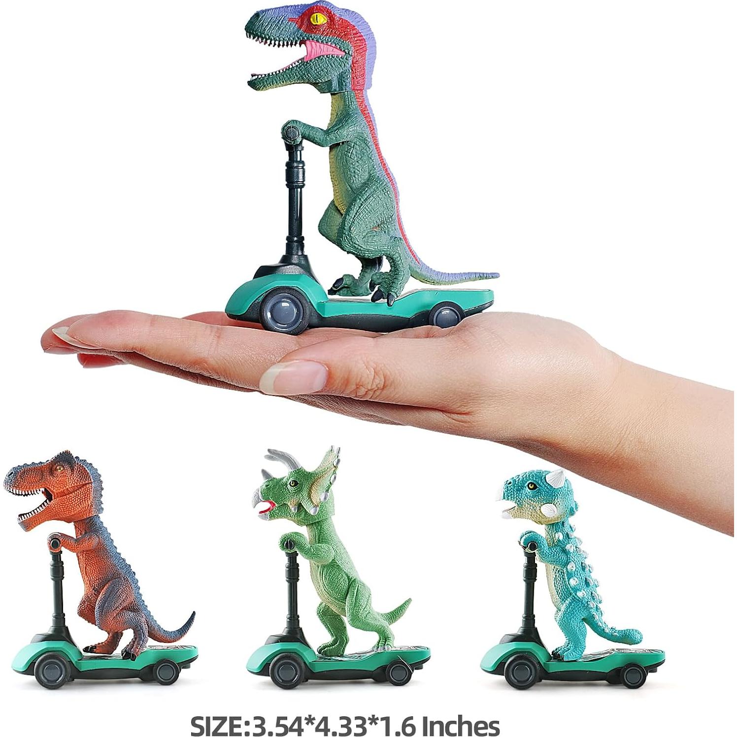 DINOBROS Dinosaur Scooter Toys Pull Back Cars Mini Finger Kick Scooters Boy Toy Age 3 4 5 6, Dino Gift Sets for Kids 4-Pack