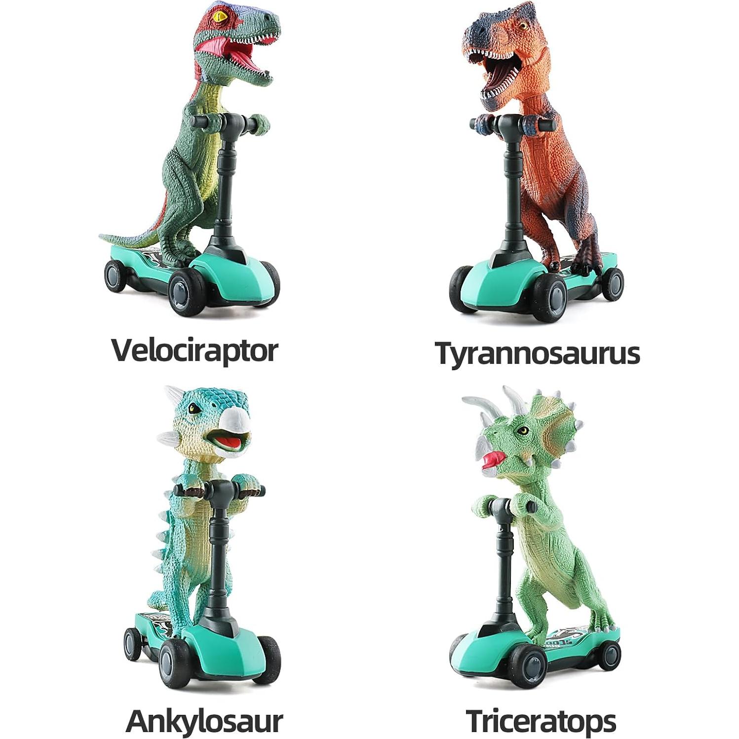 DINOBROS Dinosaur Scooter Toys Pull Back Cars Mini Finger Kick Scooters Boy Toy Age 3 4 5 6, Dino Gift Sets for Kids 4-Pack