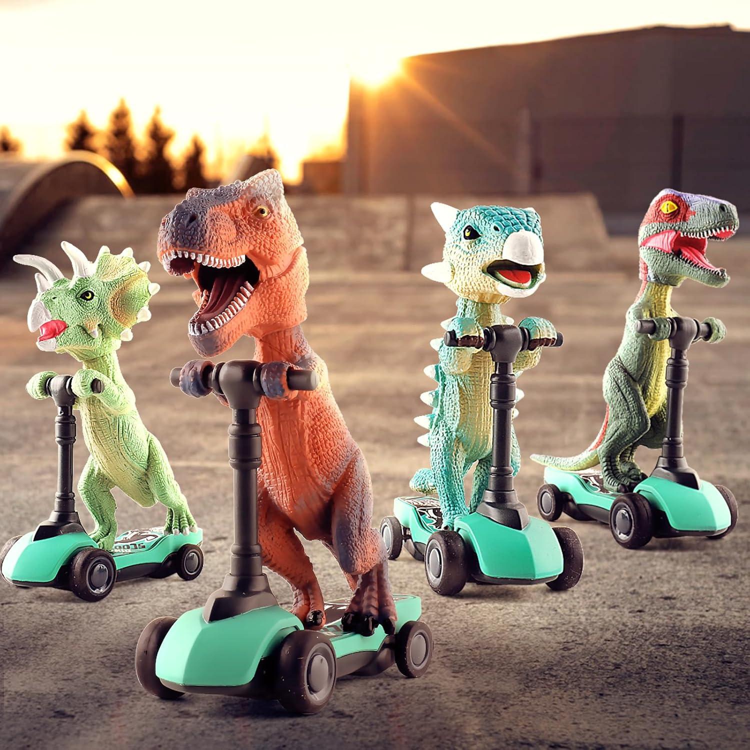 DINOBROS Dinosaur Scooter Toys Pull Back Cars Mini Finger Kick Scooters Boy Toy Age 3 4 5 6, Dino Gift Sets for Kids 4-Pack
