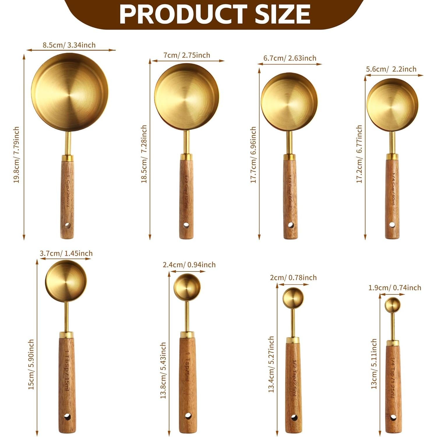 Juego de Tazas y Cucharas Medidoras Riqwm Iro 8 Piezas Oro