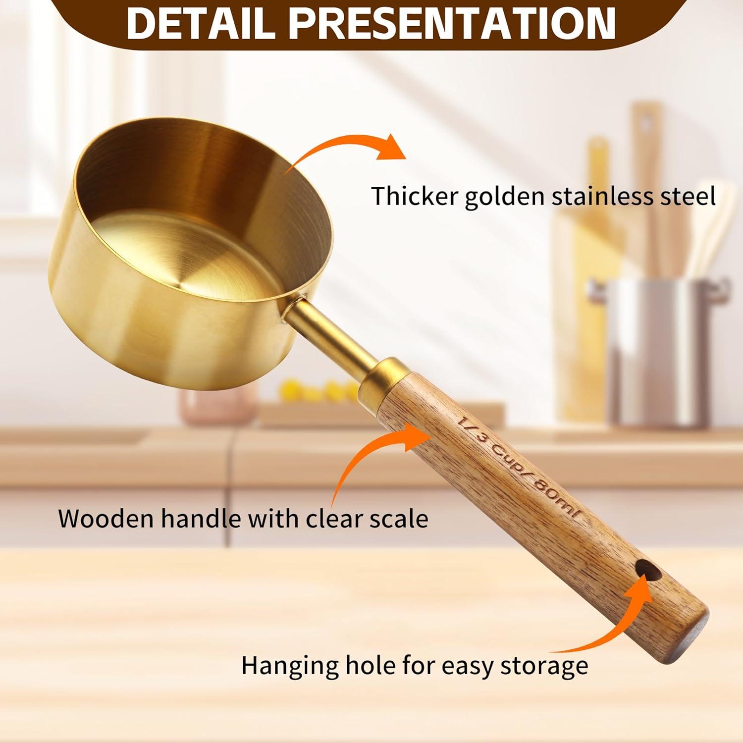 Juego de Tazas y Cucharas Medidoras Riqwm Iro 8 Piezas Oro