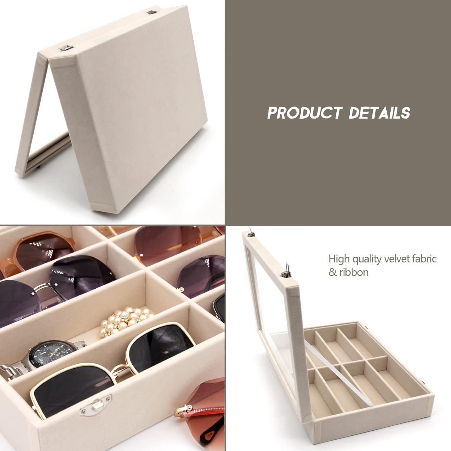 Organizador de Gafas de Terciopelo Beige con 8 Compartimentos