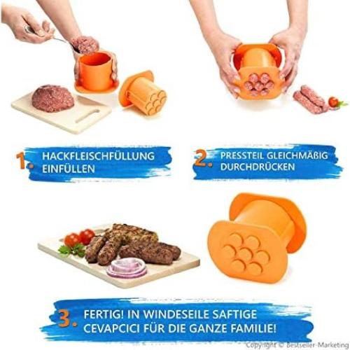 Guppy One Press Cevapcici Sausage Maker Stuffer, 7 Sausages at Once Press Handmade Hot Dog Meat Strip Machine Molds Non Stick Kitchen Meatball Maker Barbecue Grilling Tools BBQ Accessories