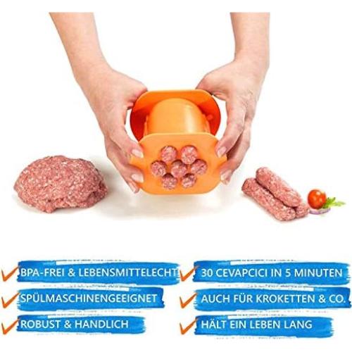 Guppy One Press Cevapcici Sausage Maker Stuffer, 7 Sausages at Once Press Handmade Hot Dog Meat Strip Machine Molds Non Stick Kitchen Meatball Maker Barbecue Grilling Tools BBQ Accessories