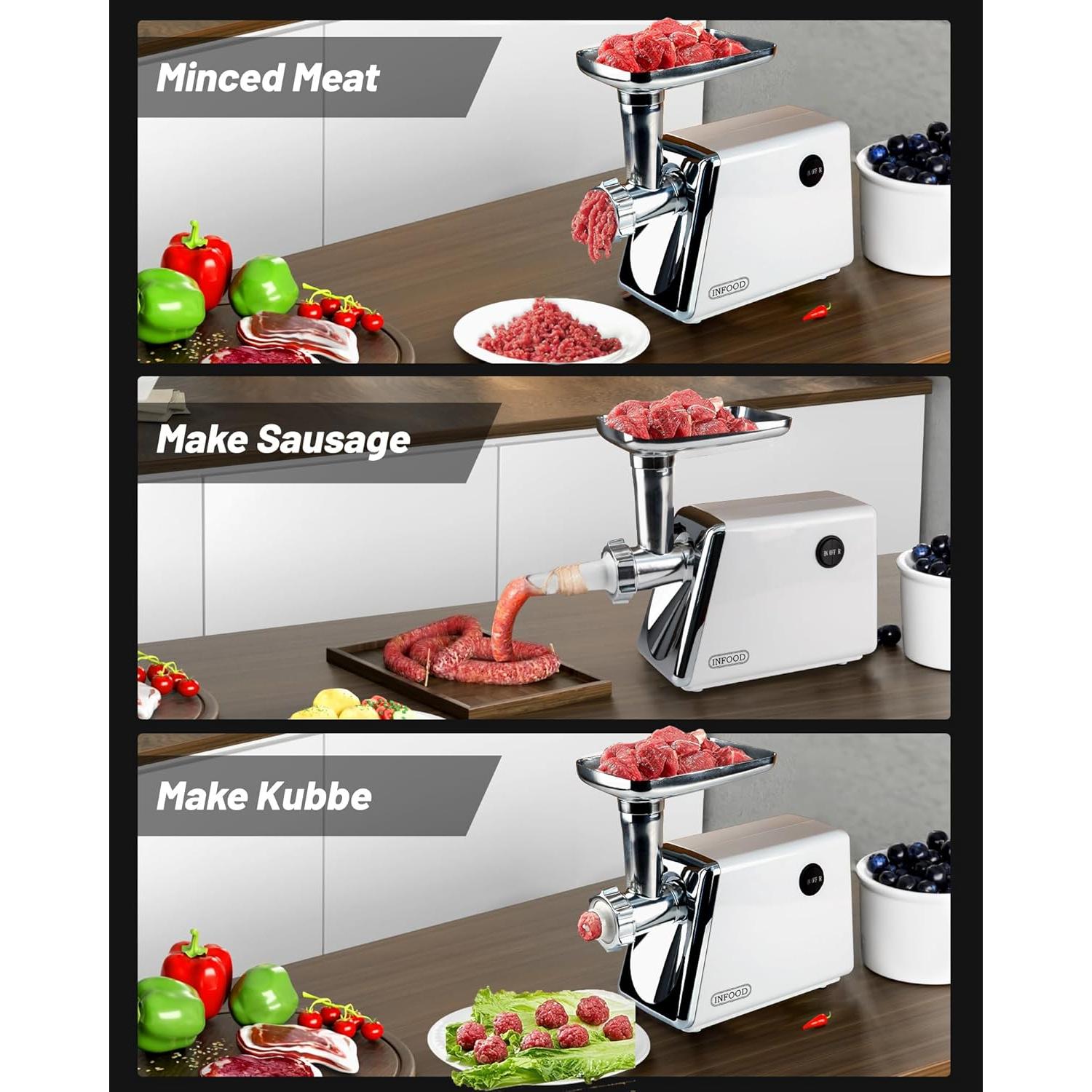 Electric Meat Grinder, 3000W Max Meat Grinders with Stainless Steel Cutting Blade, 3 Grinding Plates, 1 Sausage Maker & 1 Kubbe Kit for Home Kitchen Use, White