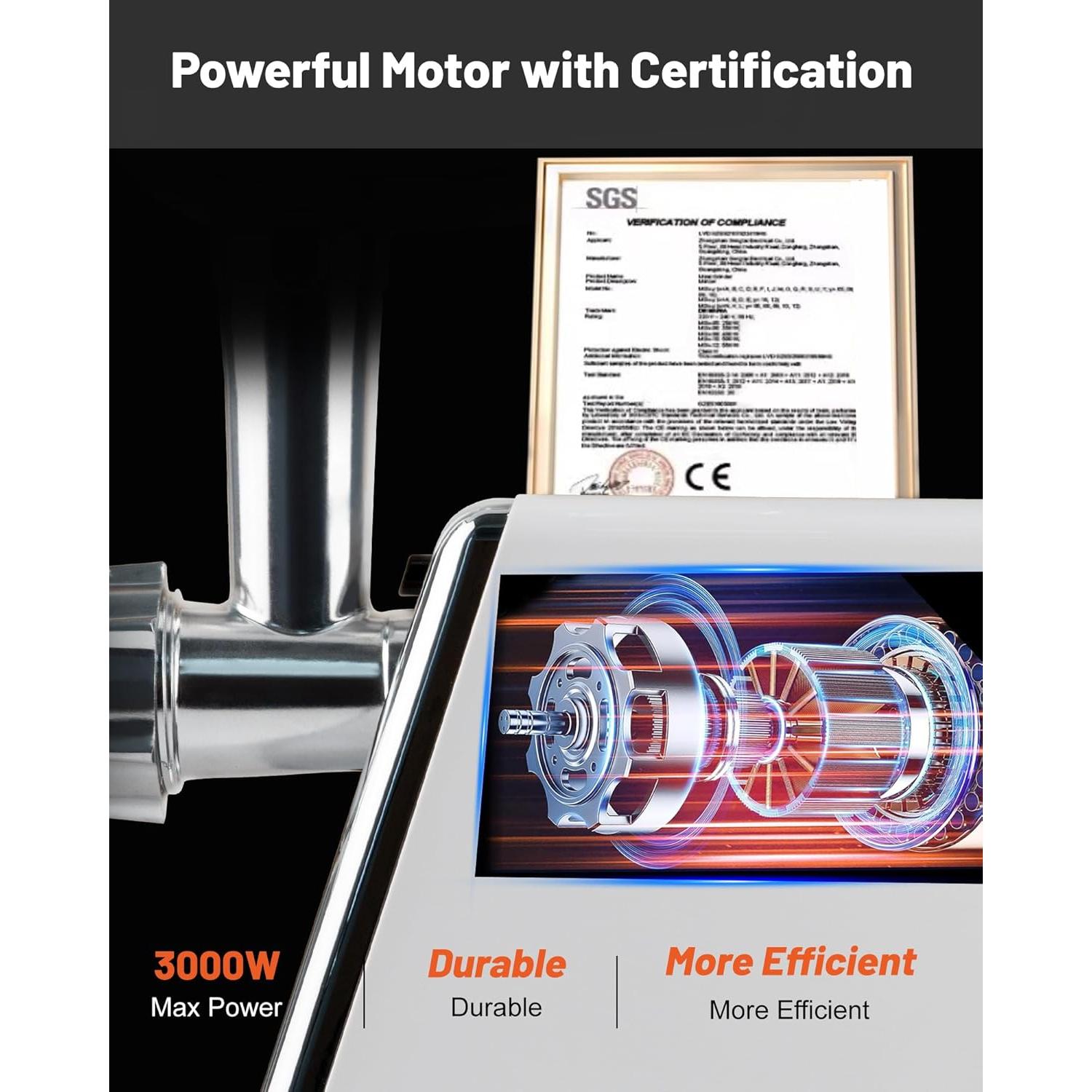 Electric Meat Grinder, 3000W Max Meat Grinders with Stainless Steel Cutting Blade, 3 Grinding Plates, 1 Sausage Maker & 1 Kubbe Kit for Home Kitchen Use, White