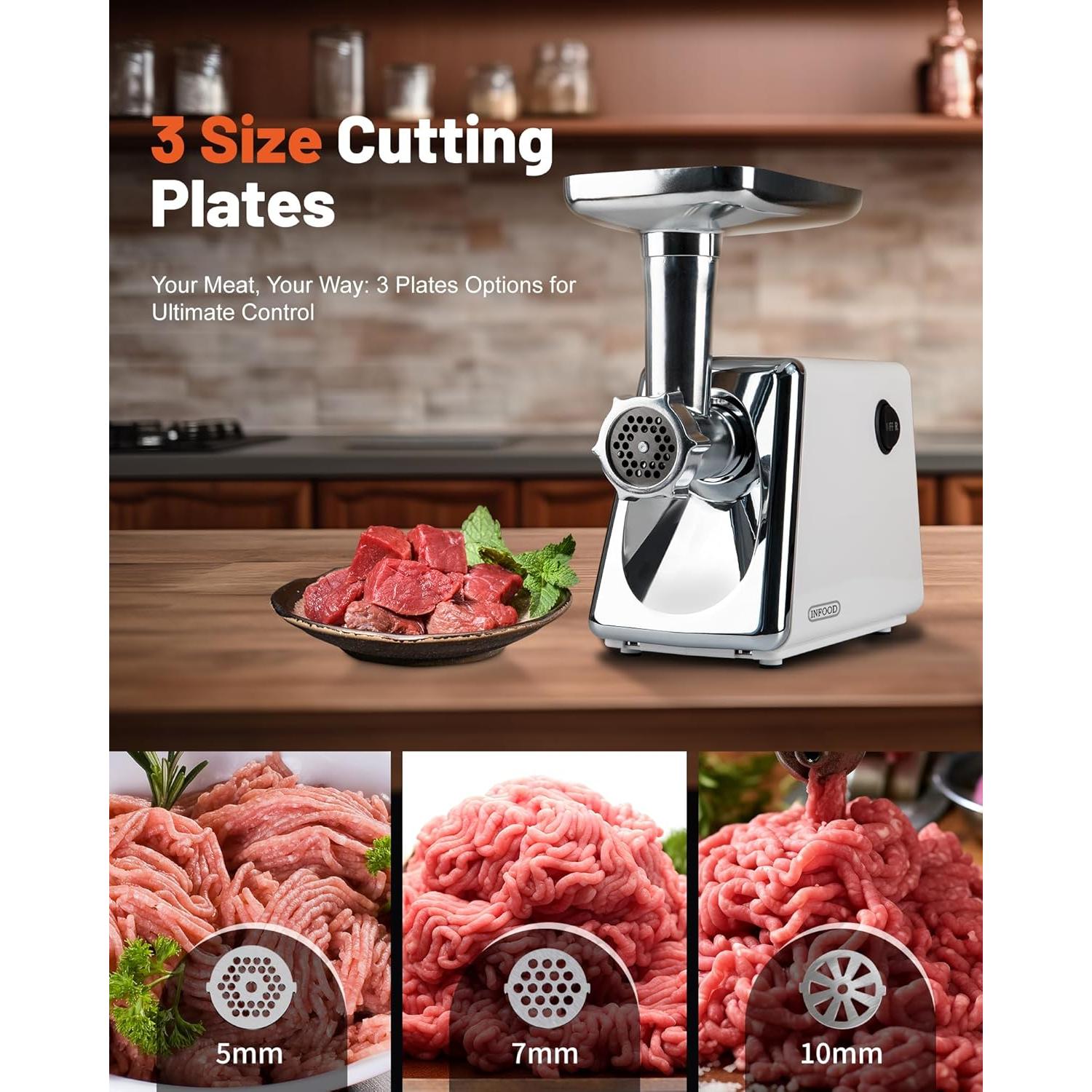 Electric Meat Grinder, 3000W Max Meat Grinders with Stainless Steel Cutting Blade, 3 Grinding Plates, 1 Sausage Maker & 1 Kubbe Kit for Home Kitchen Use, White