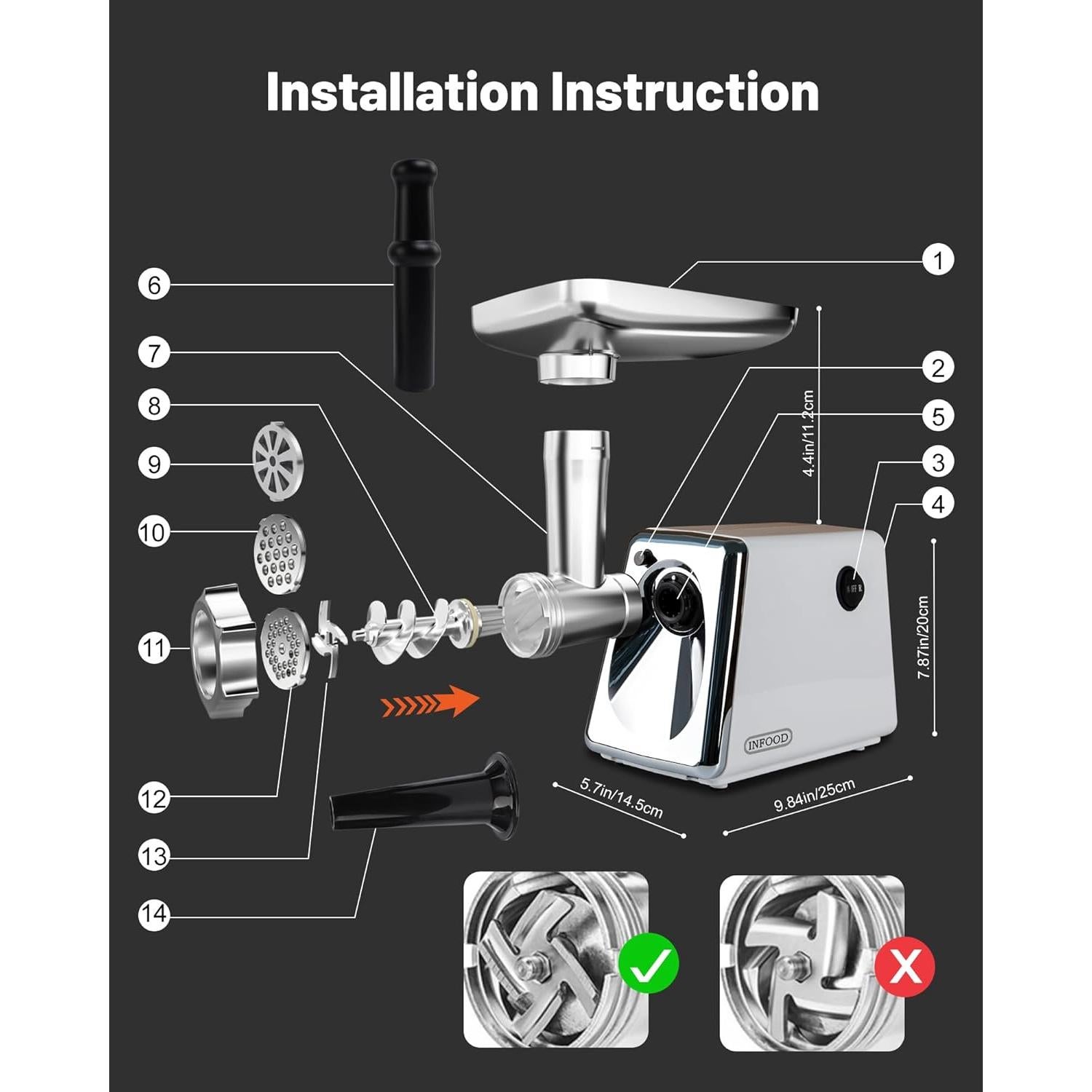 Electric Meat Grinder, 3000W Max Meat Grinders with Stainless Steel Cutting Blade, 3 Grinding Plates, 1 Sausage Maker & 1 Kubbe Kit for Home Kitchen Use, White