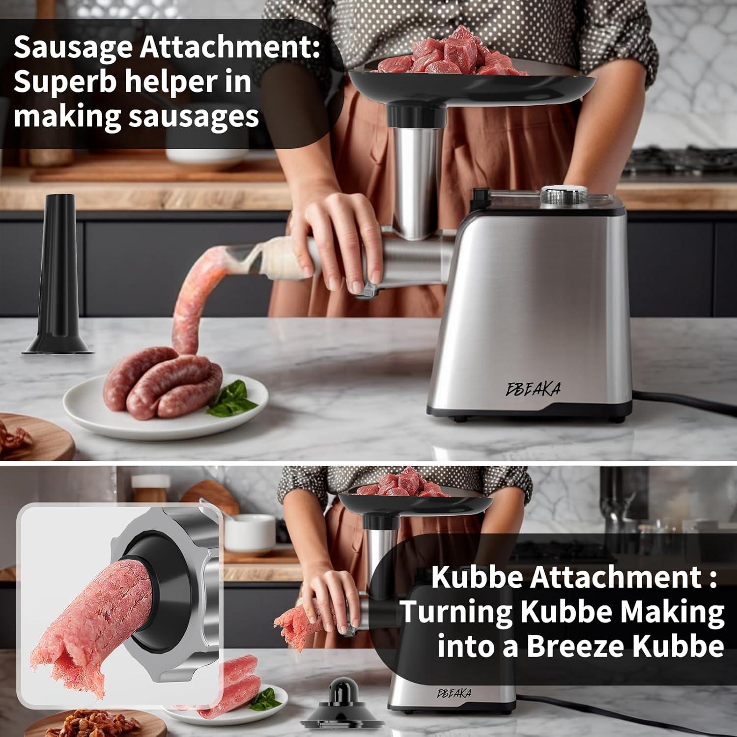 Sausage Stuffer Maker &Electric Meat Grinder , Heavy Duty Meat Mincer with Stainless Steel Blades & 3 Grinding Plates, Food Grinder with Kubbe Kit & Sausage Stuffer Tubes