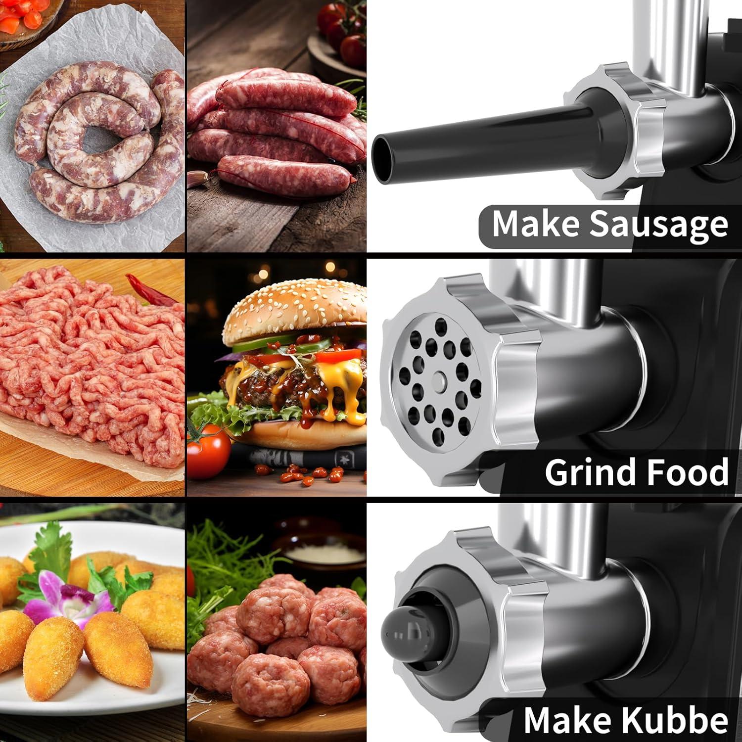 Sausage Stuffer Maker &Electric Meat Grinder , Heavy Duty Meat Mincer with Stainless Steel Blades & 3 Grinding Plates, Food Grinder with Kubbe Kit & Sausage Stuffer Tubes