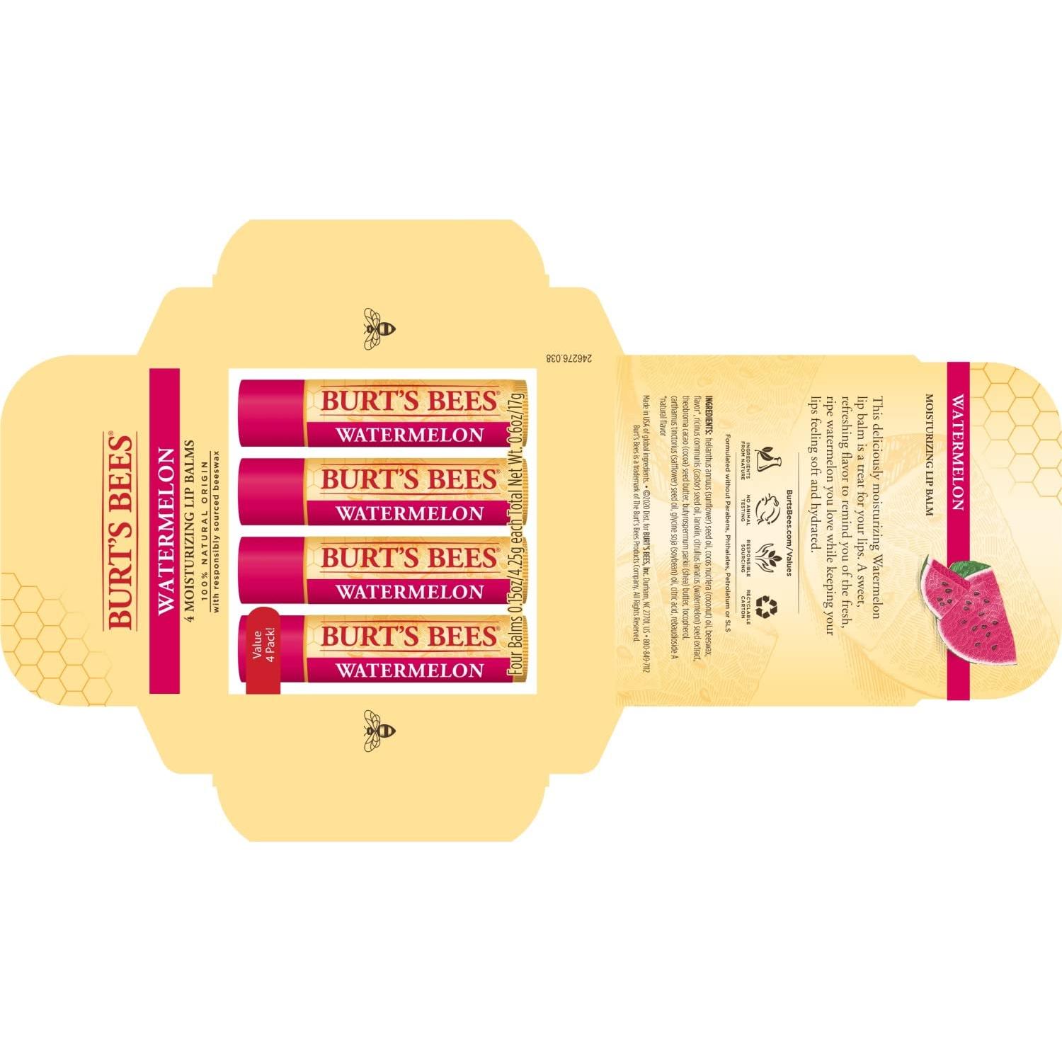 Bálsamo Labial Hidratante Burt's Bees Sandía 4 Tubos 100% Natural