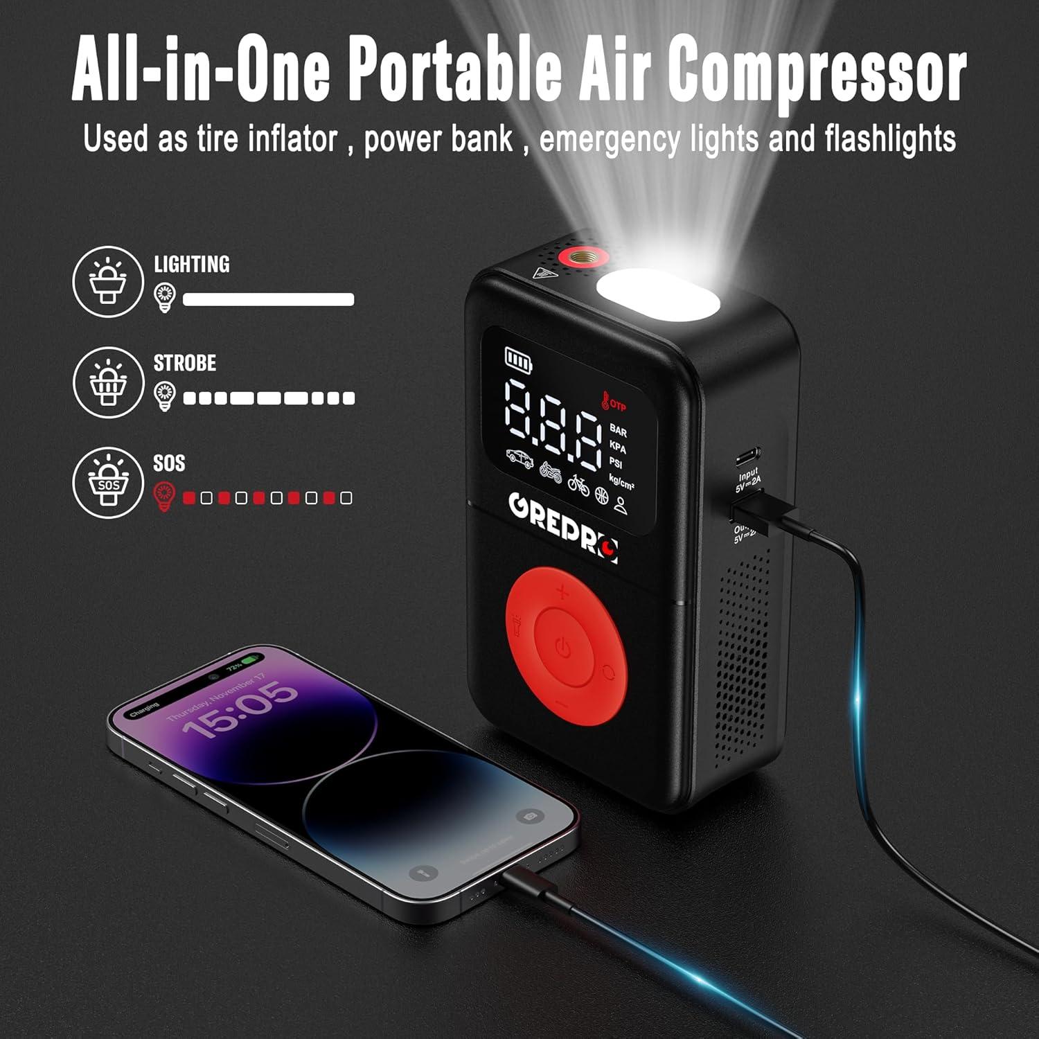 Compresor de Aire Portátil GREPRO GP1533 160 PSI con Luz LED