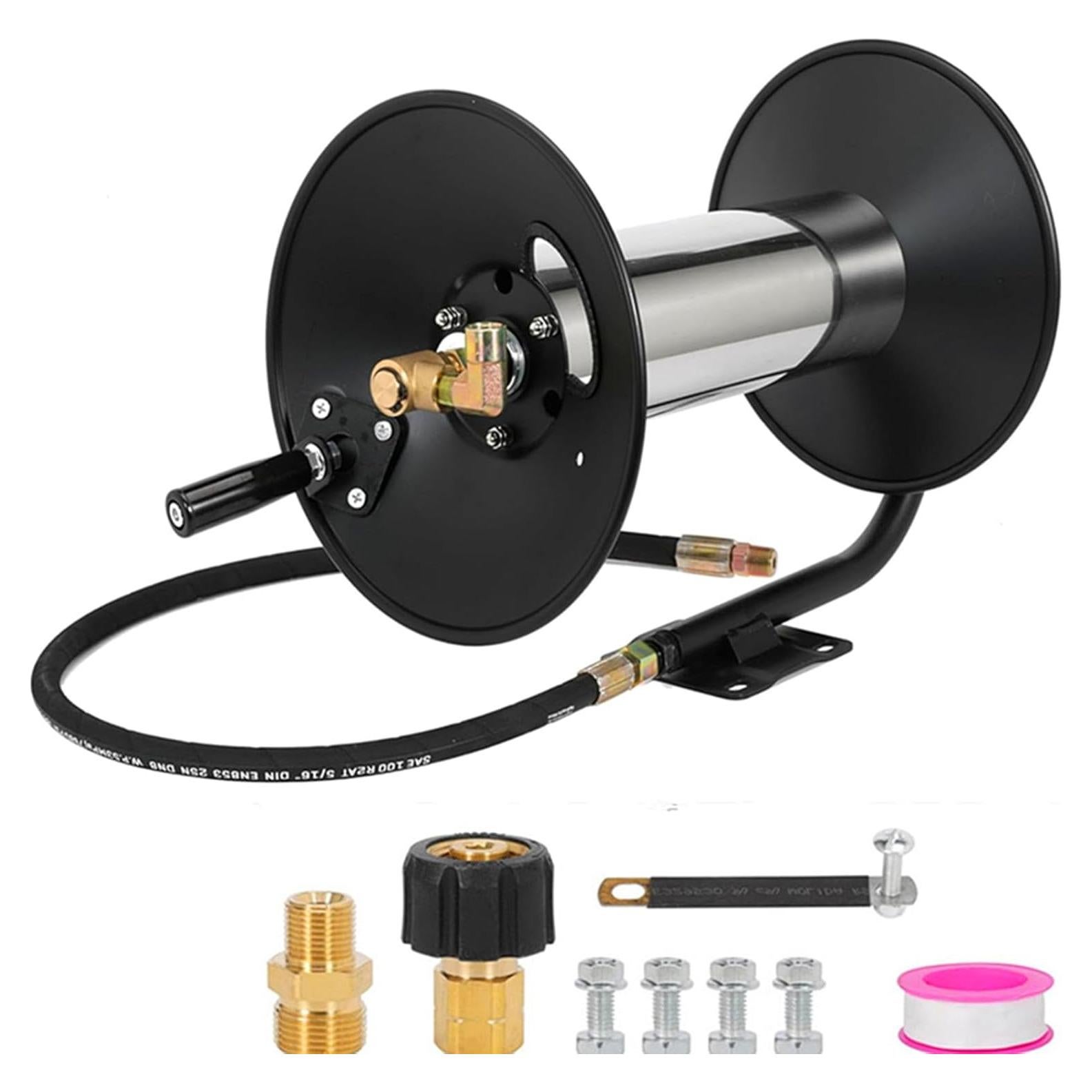 3/8" Heavy Duty Steel Pressure Washer Reel, 100FT High Pressure Hose Reel with Hand Crank, 4000 PSI Power Washer Hose Reel Swivel Arm for Liquid/Air/Water Use