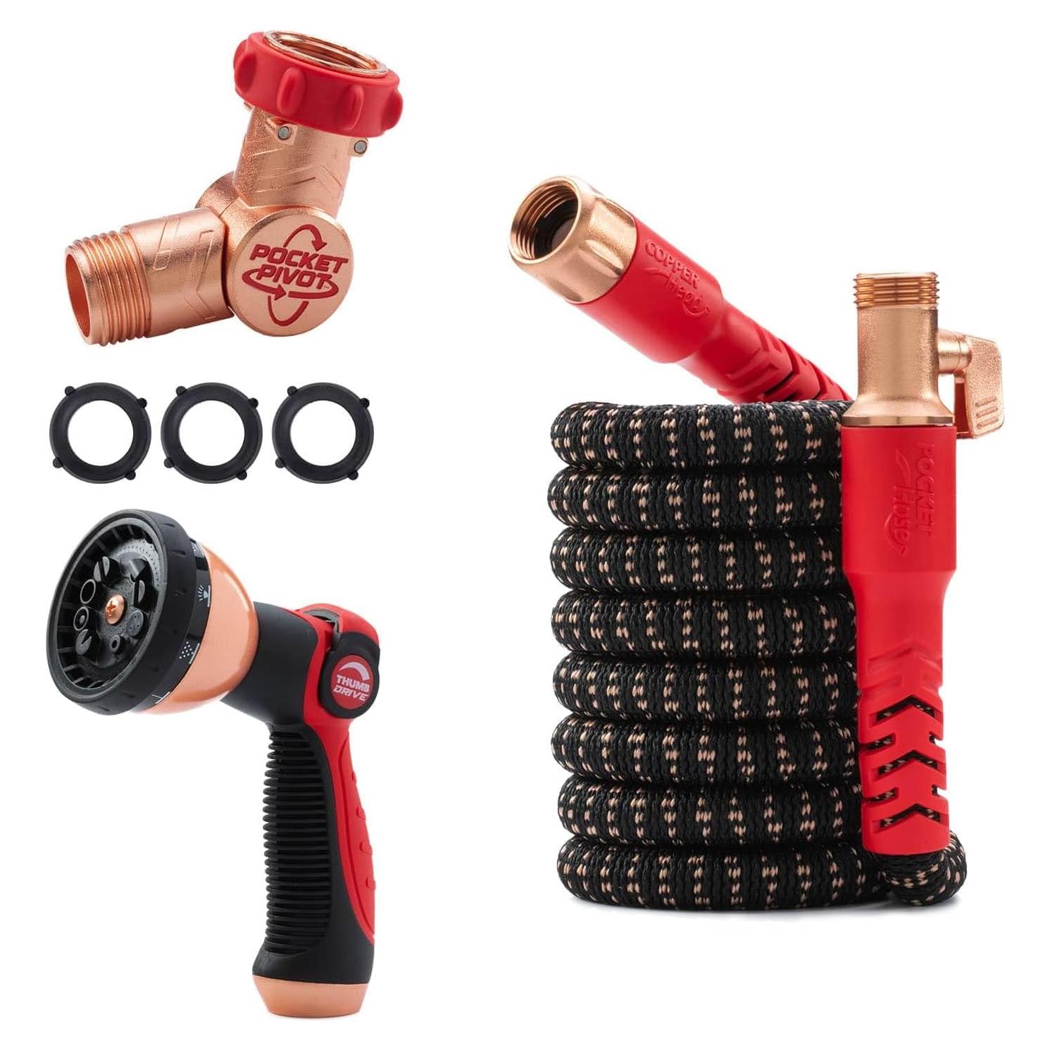 Pocket Hose Copper Head w/New Pocket Pivot Expandable Garden Hose 25 FT, AS SEEN ON TV, Swivels 360°, Advanced Tri-Tex Tubing & Force Field Jacket, 3X Stronger, Lead-Free, No-Kink, Anti-Burst w/APT