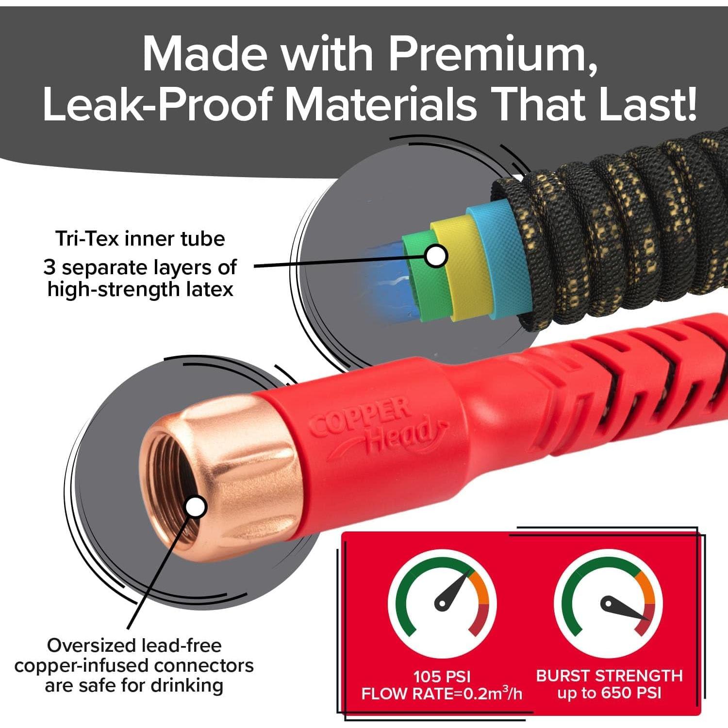 Pocket Hose Copper Head w/New Pocket Pivot Expandable Garden Hose 25 FT, AS SEEN ON TV, Swivels 360°, Advanced Tri-Tex Tubing & Force Field Jacket, 3X Stronger, Lead-Free, No-Kink, Anti-Burst w/APT