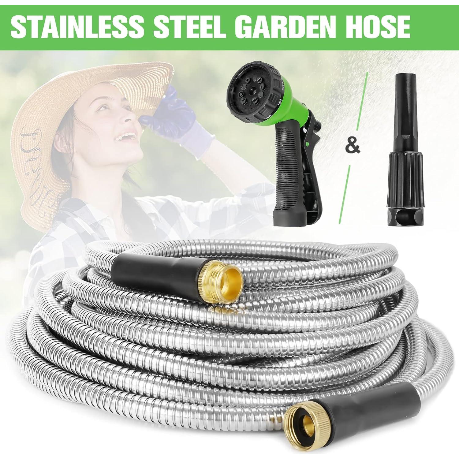 Manguera de Jardín de Acero Inoxidable 30,48 m con Boquillas