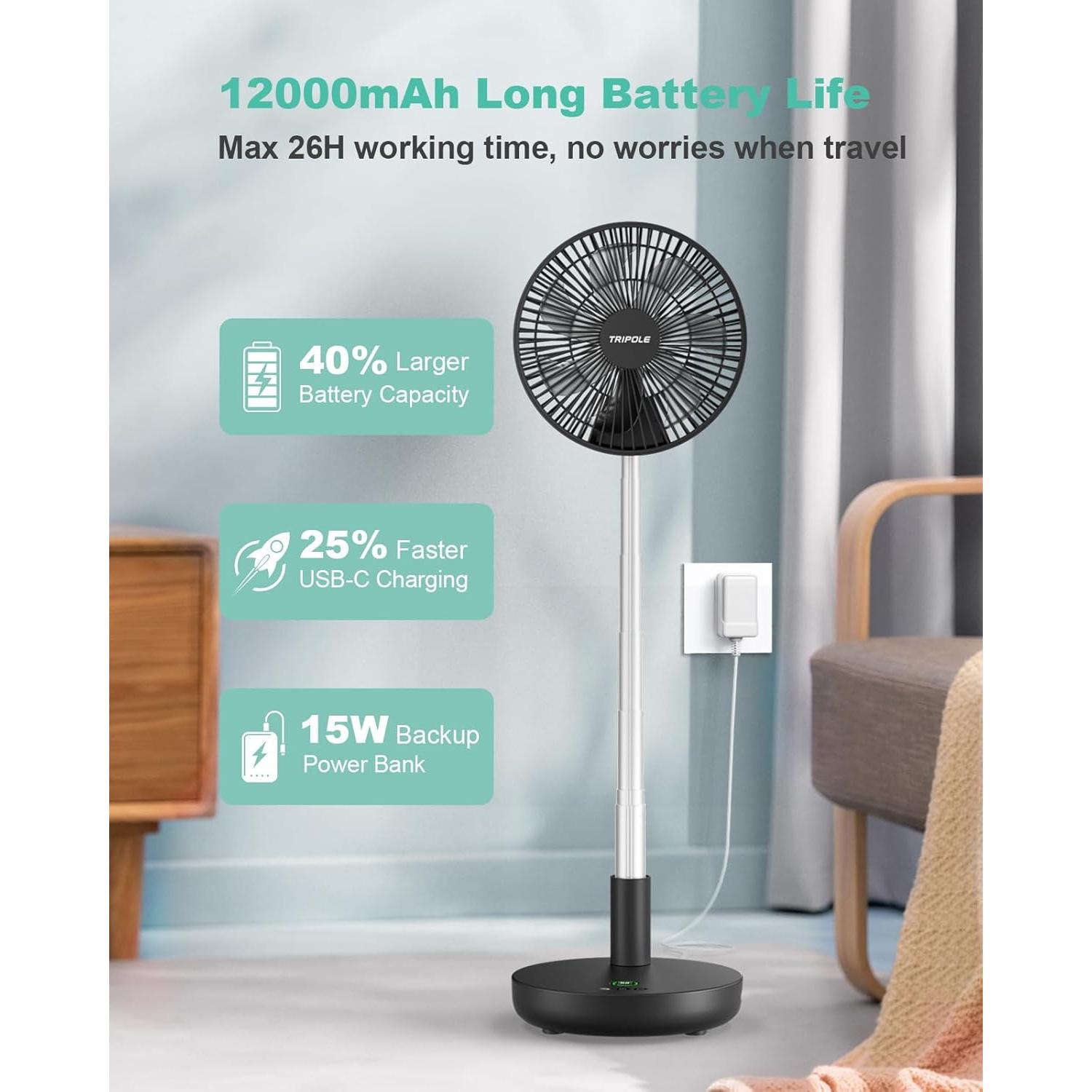 Ventilador de Pie TriPole Oscilante 9" Recargable 12000mAh