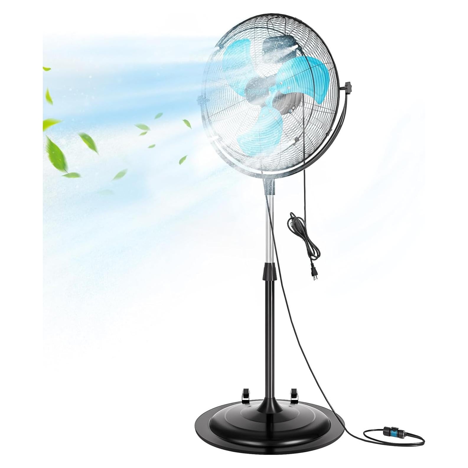 pasapair 20" High Velocity Outdoor Misting Fan, 5600 CFM Standing Fans for Patio Waterproof, Cooling Floor Fan 3-Speed, 360°Oscillation, Adjustable Height, 2 Casters, Heavy Duty Metal Industrial Fan
