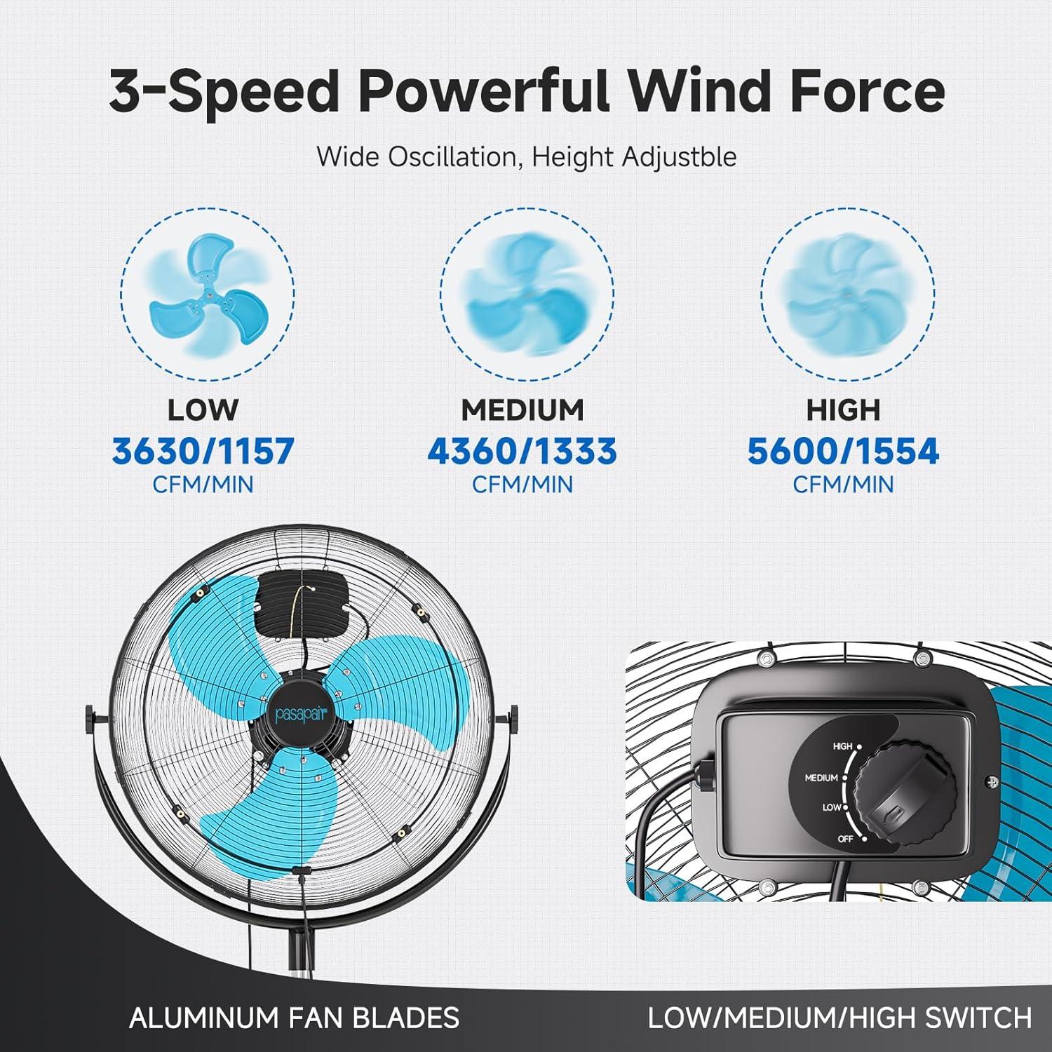 pasapair 20" High Velocity Outdoor Misting Fan, 5600 CFM Standing Fans for Patio Waterproof, Cooling Floor Fan 3-Speed, 360°Oscillation, Adjustable Height, 2 Casters, Heavy Duty Metal Industrial Fan