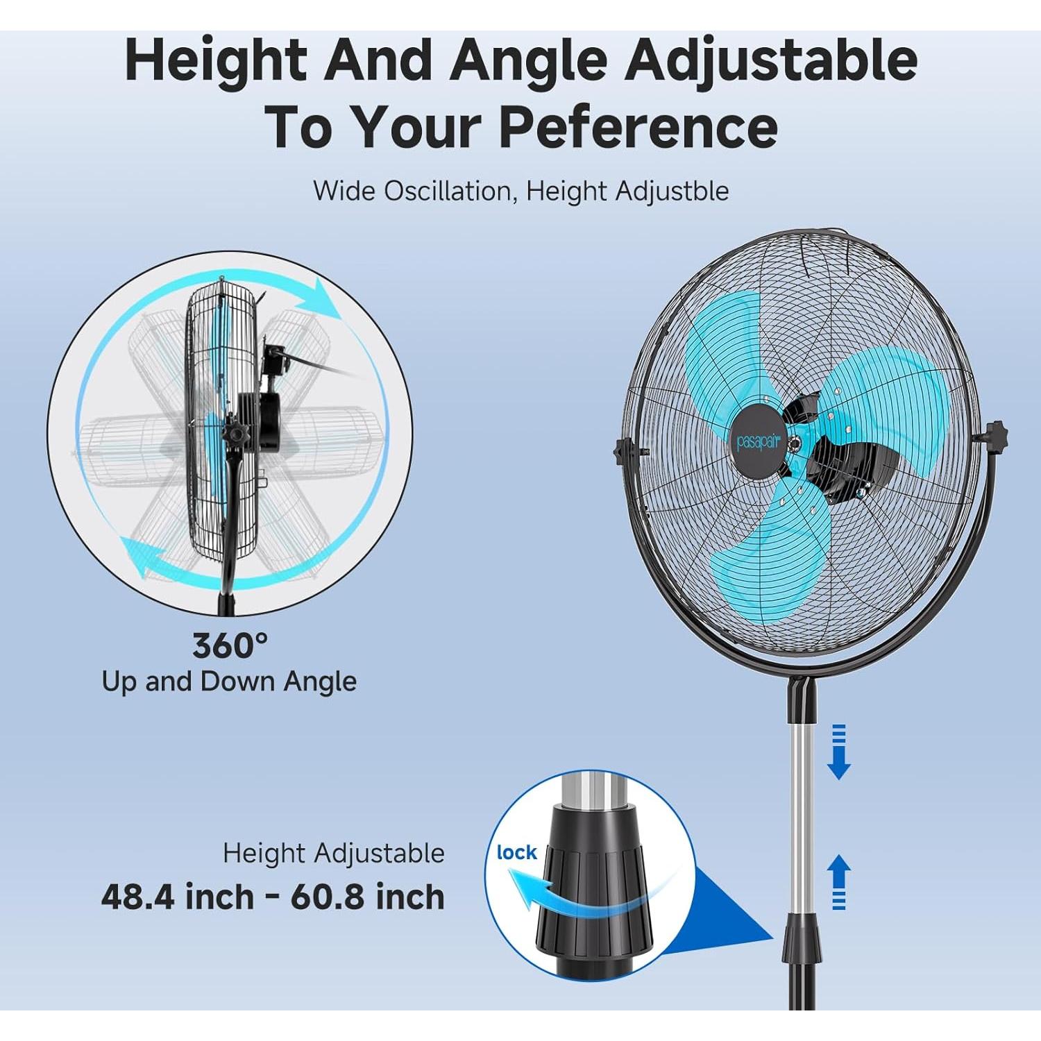 pasapair 20" High Velocity Outdoor Misting Fan, 5600 CFM Standing Fans for Patio Waterproof, Cooling Floor Fan 3-Speed, 360°Oscillation, Adjustable Height, 2 Casters, Heavy Duty Metal Industrial Fan