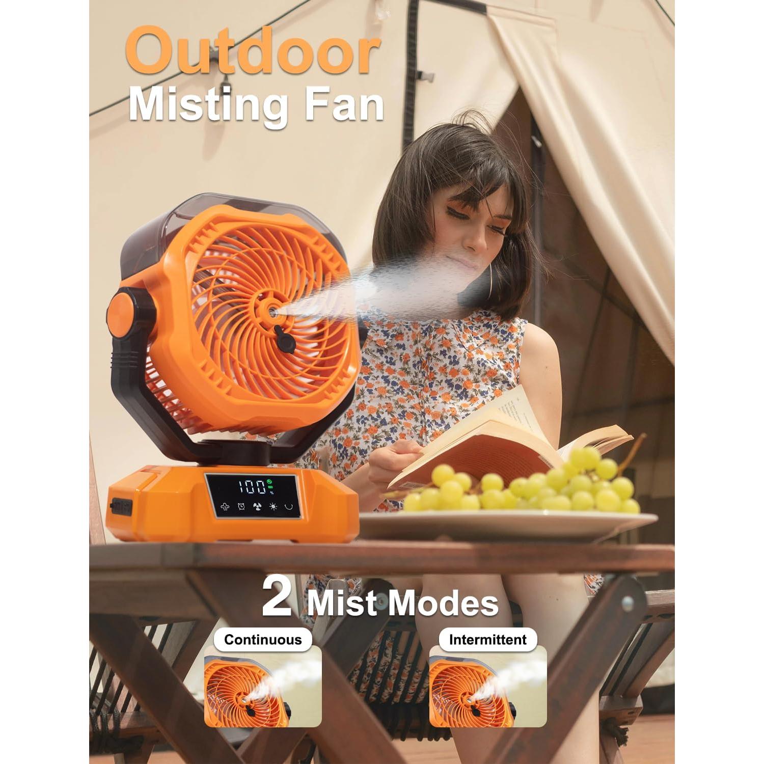 Portable Misting Fan - 20000mAh Rechargeable Water Fan for Patios, Camping, Outdoor - 90° Auto Oscillation + 270° Manual Tilt - 5 Speeds, 3 Levels Lights, 8 Timer Modes, 23db Low Noise