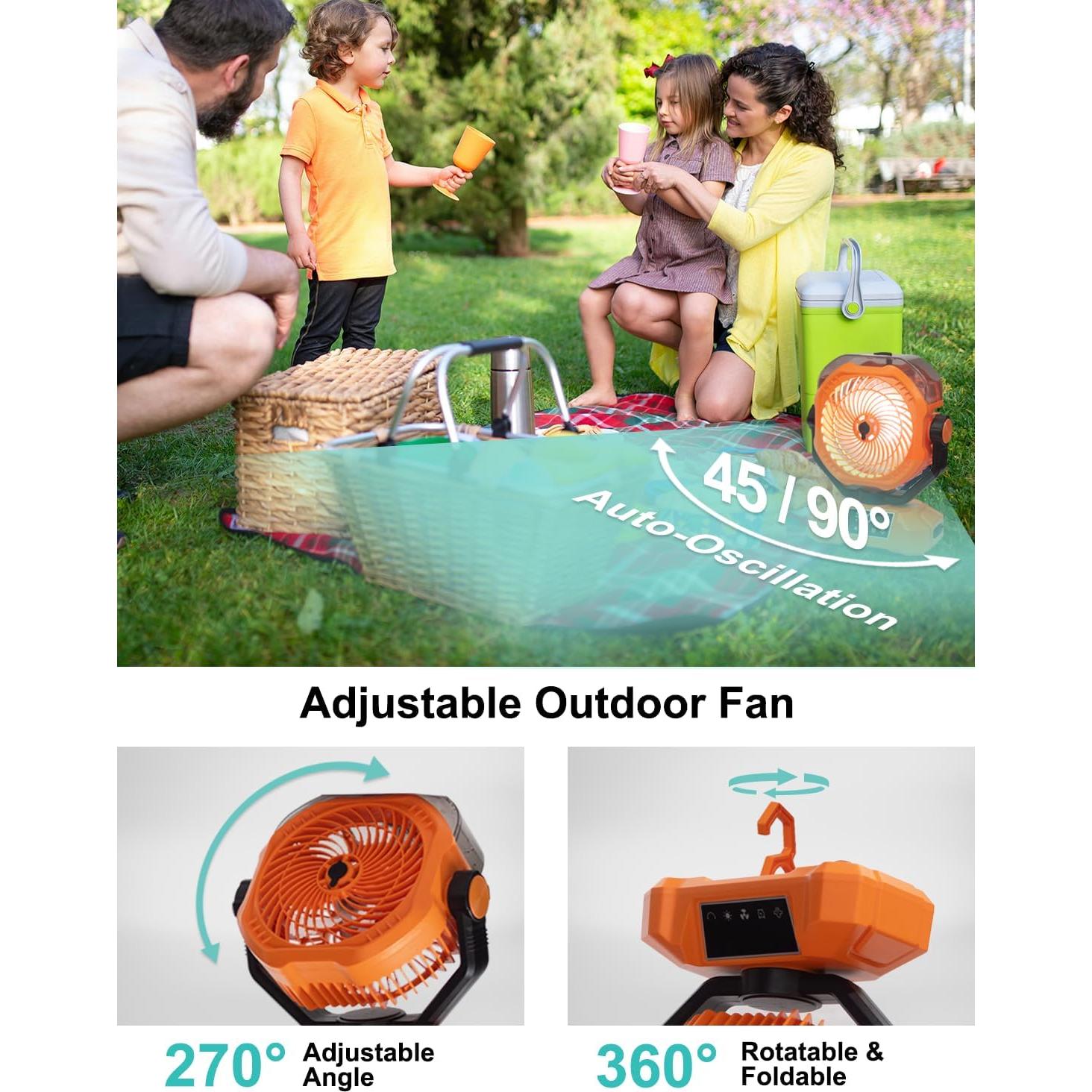 Portable Misting Fan - 20000mAh Rechargeable Water Fan for Patios, Camping, Outdoor - 90° Auto Oscillation + 270° Manual Tilt - 5 Speeds, 3 Levels Lights, 8 Timer Modes, 23db Low Noise